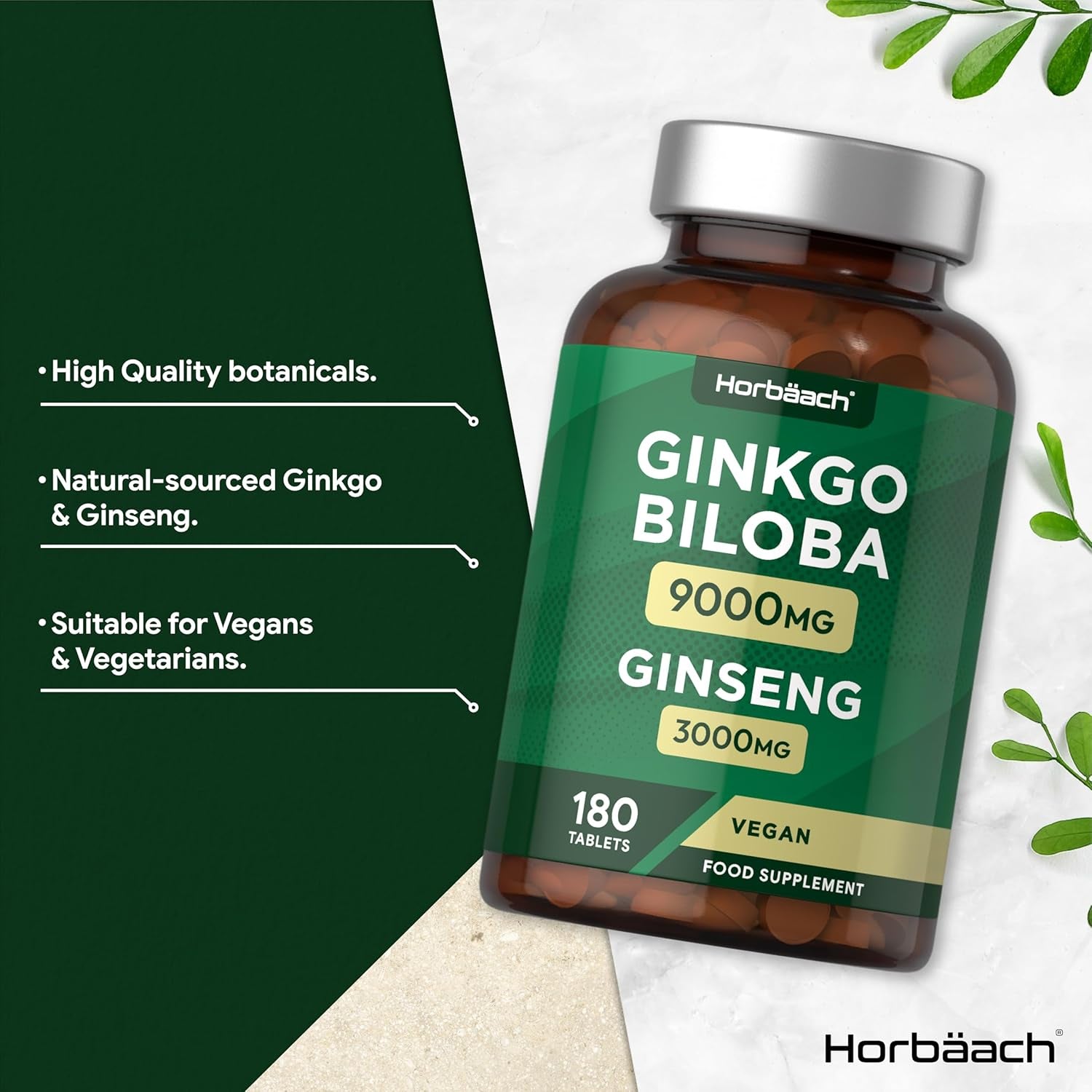 Ginkgo Biloba and Ginseng Tablets | High Strength | Ginkgo 9000Mg & Korean Ginseng Root 3000Mg | 180 Vegan Tablets | by Horbaach