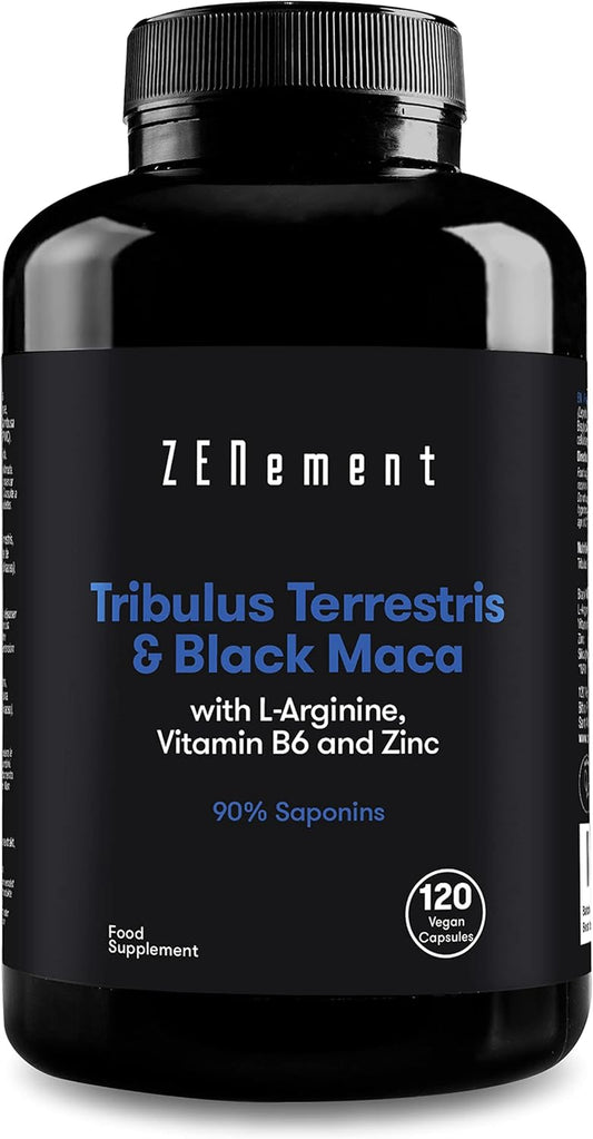 Tribulus Terrestris & Black Maca, with L-Arginine, Vitamin B6 and Zinc, 120 Capsules | 90% Saponins | Strength, Energy, Endurance | Vegan, Gluten Free |