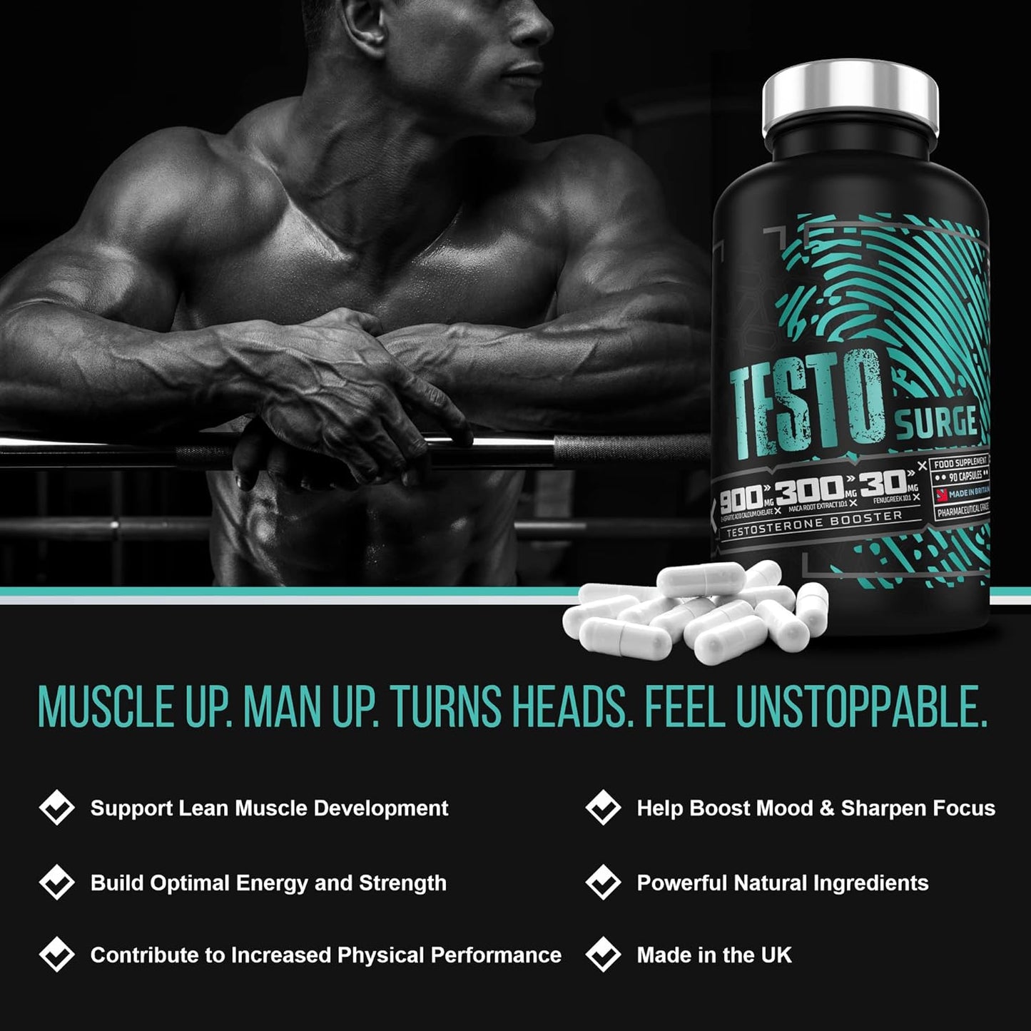 Testosterone Booster TESTO Surge | Testosterone Supplements for Men | Testosterone Boosters Muscle Growth Libido Boost Tablets 90 Vegan Capsules