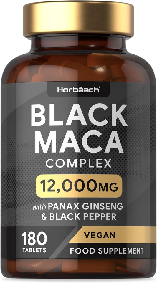 Maca Root Capsules 12,000Mg | Black Maca Complex with High Strength Black Maca, Panax Ginseng, Yellow Maca & Black Pepper | 180 Vegan Tablets | by