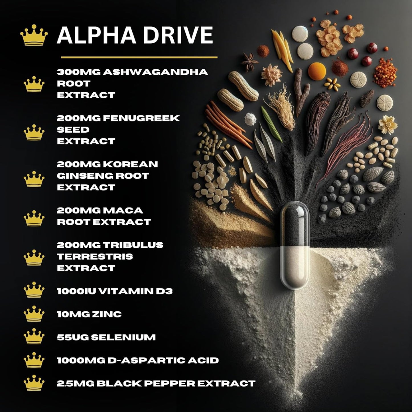 Testosterone Supplements for Men - Alpha Drive. Powerful Libido Booster for Men with Maca, Tribulus, D Aspartic Acid, Ginseng and Zinc. 120 Caps.