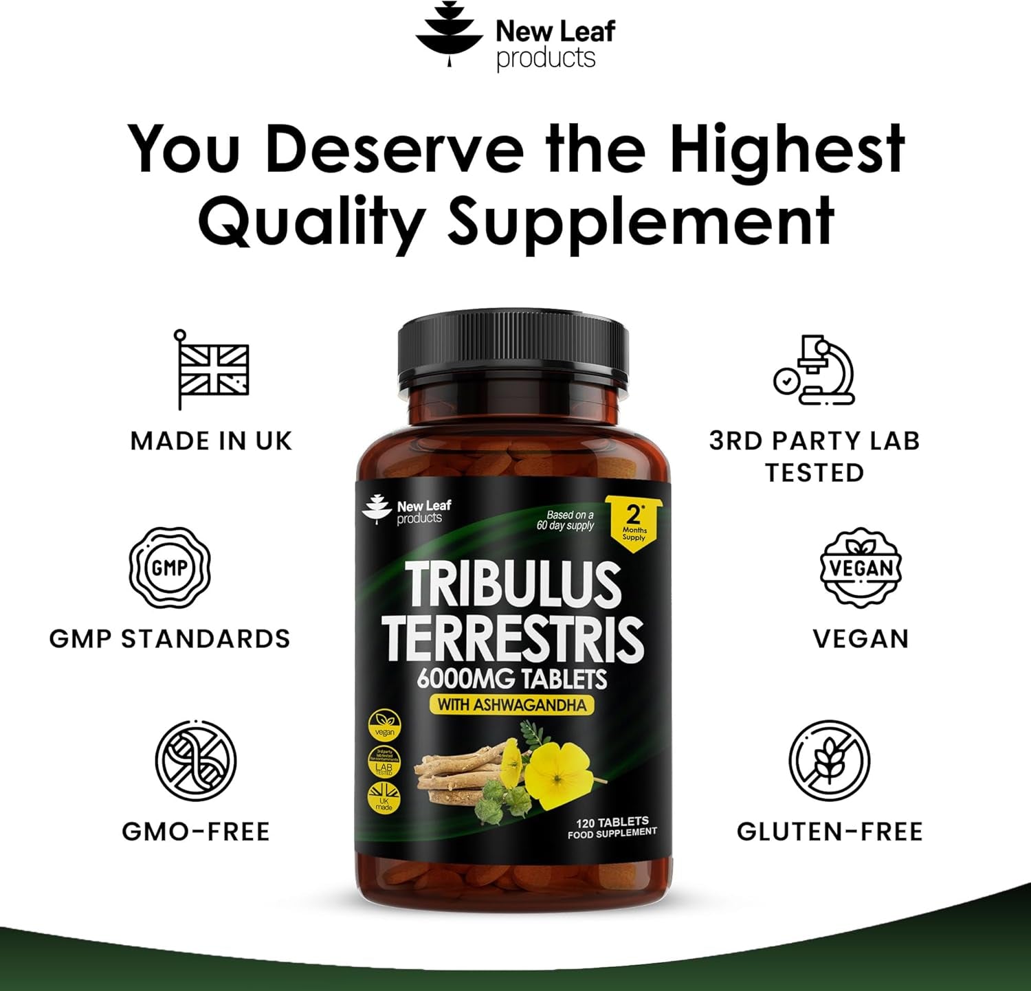 Tribulus Terrestris 6000Mg High Strength Tablets Enriched with Ashwagandha - Tribulus Terrestris with 95% Sapopins - 120 Tribulus Terrestris Tablets Made in the UK by New Leaf