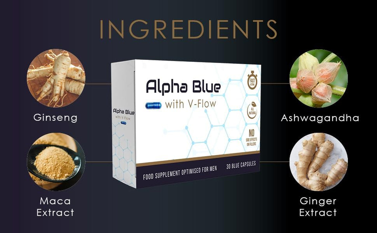 Alpha Blue with V Flow | Optimised for Men | 30 Capsules | Fast Acting | All Natural | No Side Effects or Fillers | Ginseng | Ashwagandha | Maca | Ginger | V Pill