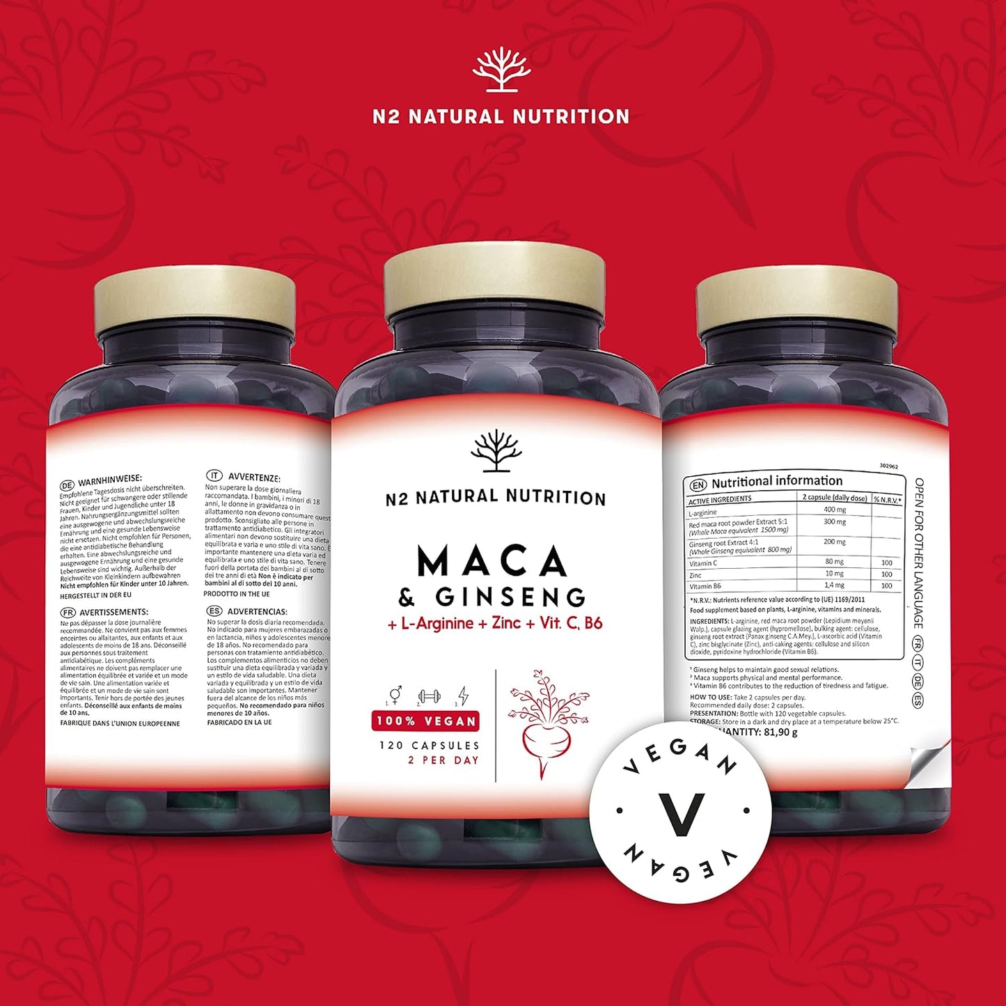 Maca Root + Ginseng + L Arginine. Triple Energy. Zinc + Vitamin C & B. Increases Sports Performance. Reduces Tiredness and Fatigue. Antioxidant. 120 Capsules. CE, Vegan. N2 Natural Nutrition