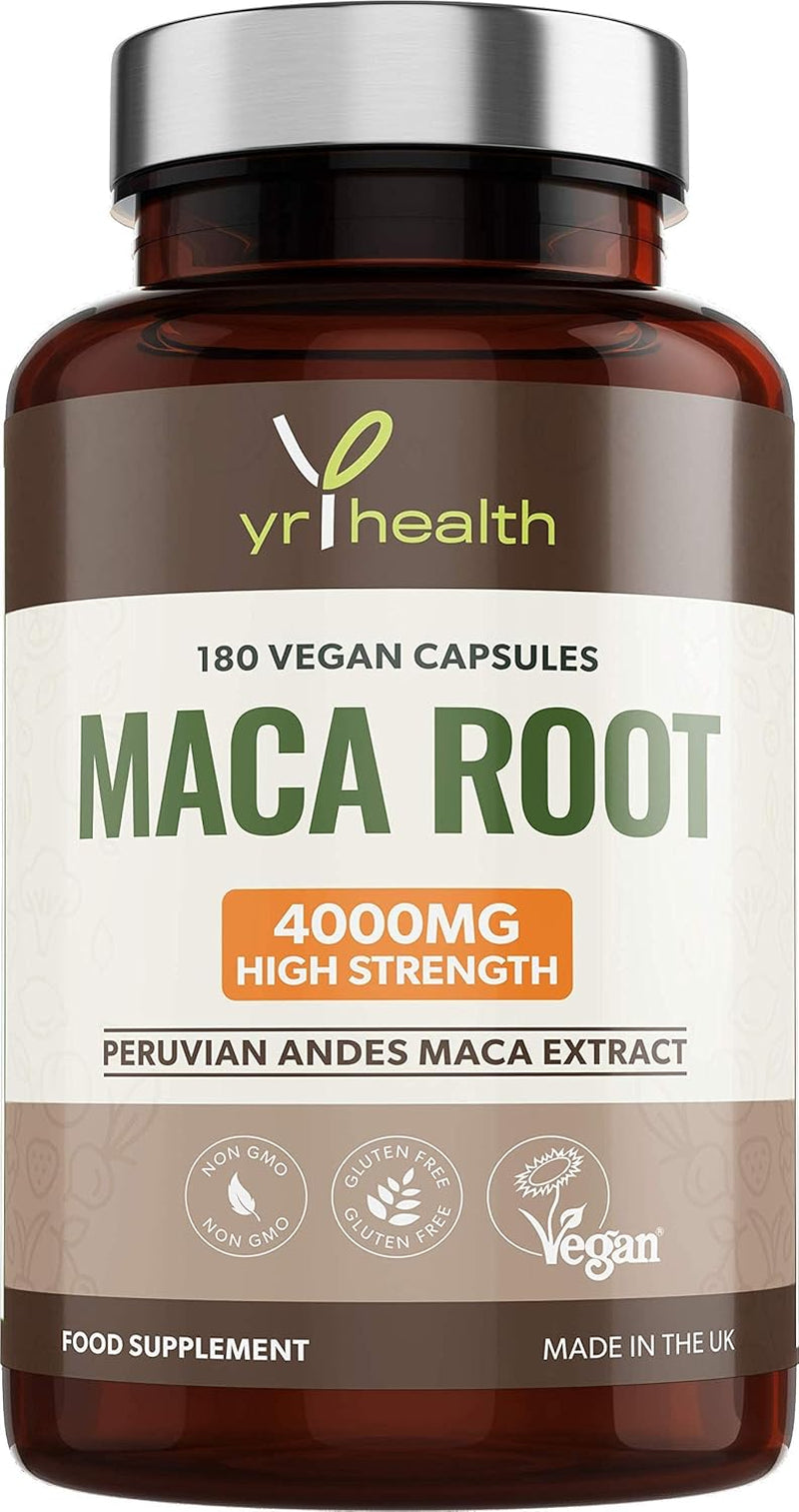 Maca Root Capsules 4000Mg, 180 Vegan High Strength Peruvian Black Maca Extract Capsules, Natural Booster, Sexual Health Supplement for Men and Women - Made in the UK by Yrhealth