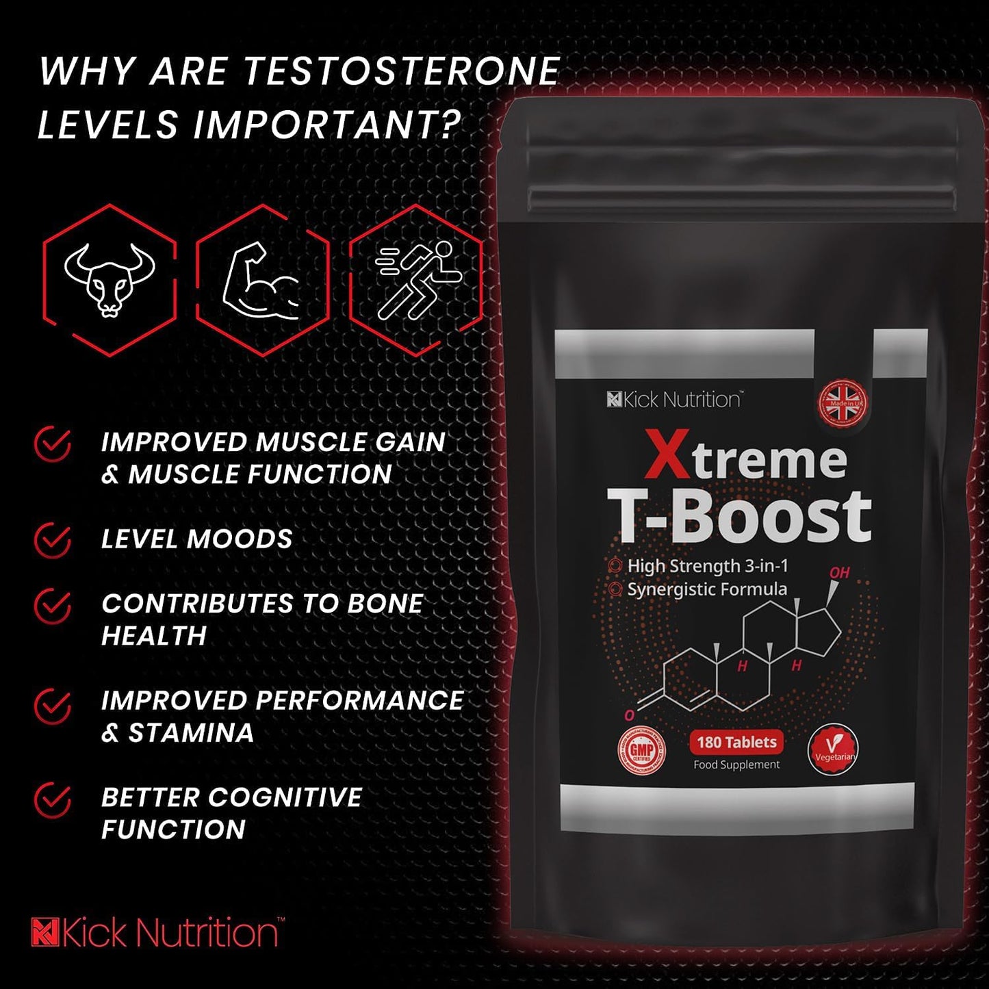 T-Boost for Men - Testosterone Supplements - 180 Vegetarian Tablets - Strength Energy & Performance - Made in the UK