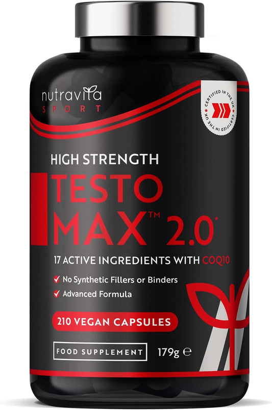 Test Booster for Men - 210 Vegan Capsules - 1450Mg per Testosterone Supplement Serving - TESTOMAX™ 2.0 Contains 17 Active Ingredients Incl. Ashwagandha KSM 66®, Coq10, Maca Root - Made by Nutravita