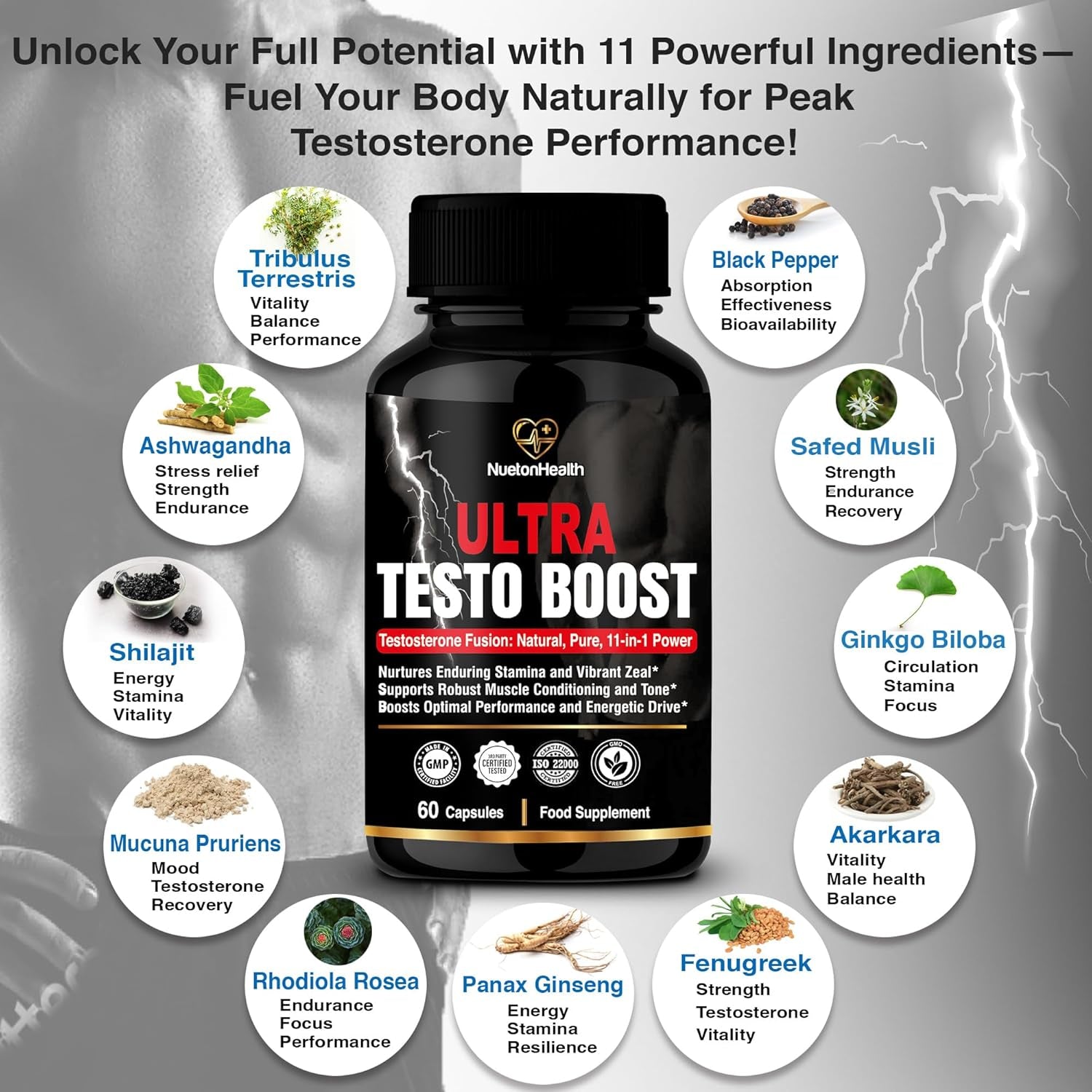 Ultra Testo Boost - Tribulus, Ashwagandha, Ginseng, Shilajit, Ginkgo, Rhodiola Rosea - Premium Testosterone Supplements for Men - 11 Potent Natural Ingredients - 60 Booster Capsules