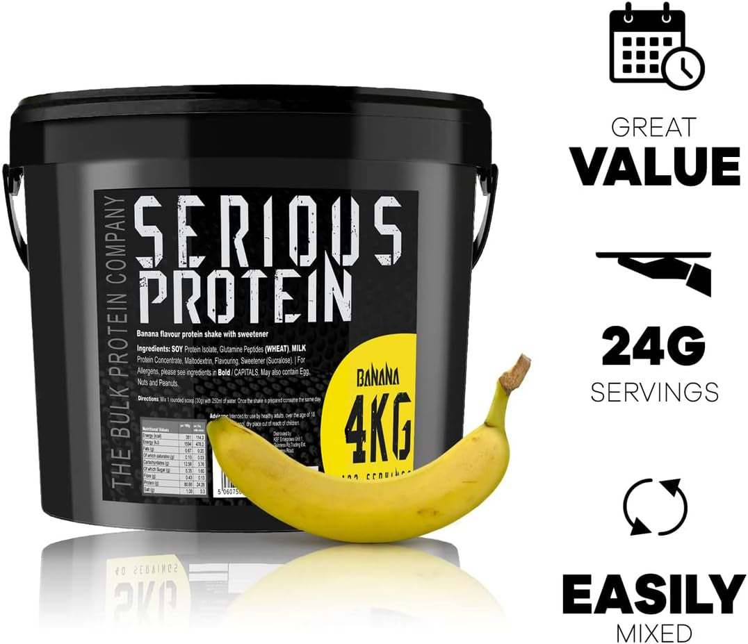 SERIOUS Protein – Protein Powder – 4Kg – Low Carb – Supports Lean Muscle Growth – Recovery Supplement - the Bulk Protein Company - 133 Servings (Banana)