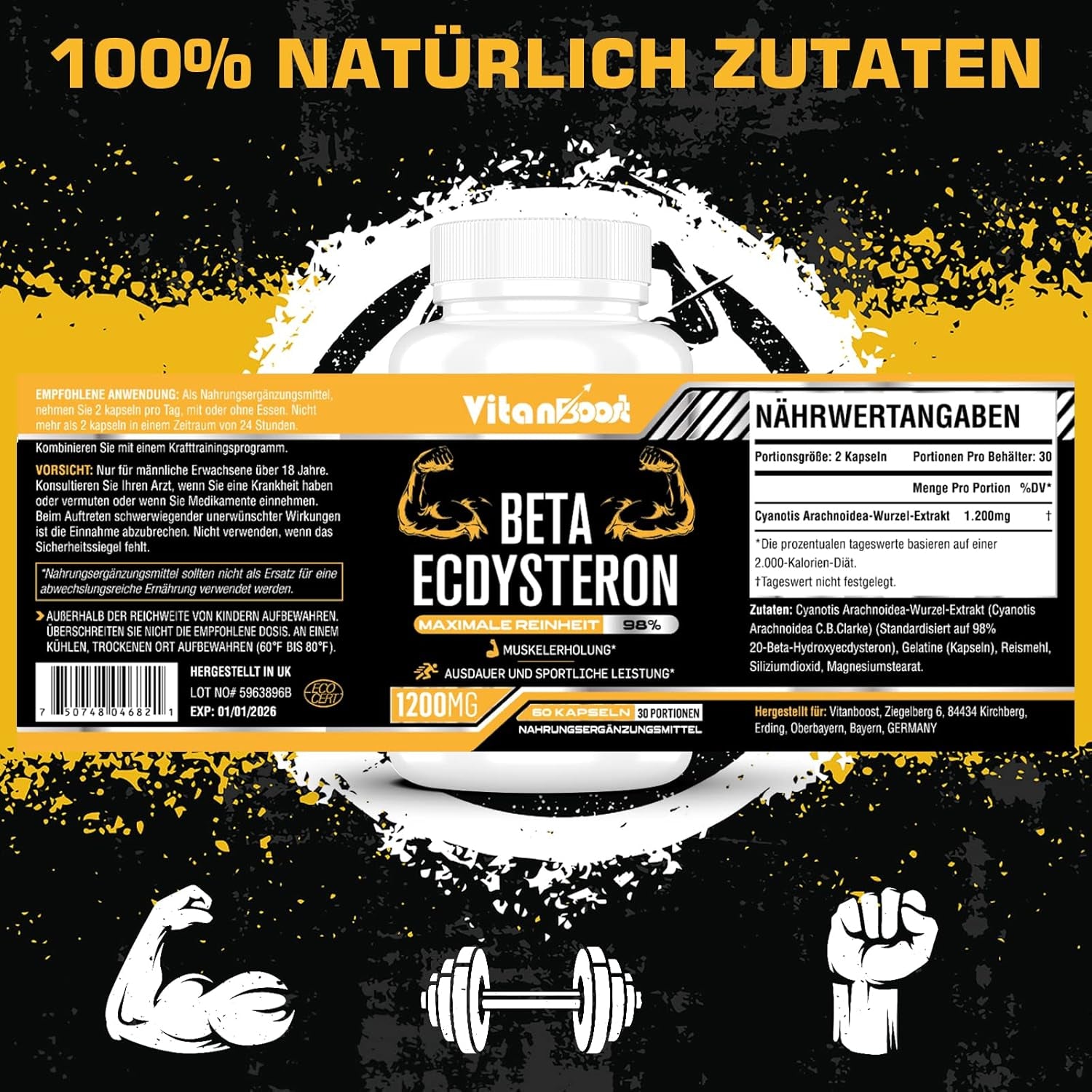 Beta Ecdysterone Supplement 1200Mg | Increases Lean Muscle Mass, Exercise Performance, Strength and Protein Synthesis, 98% Maximum Purity Formulated for Enhanced Absorption 60 Capsules|1 Month Supply