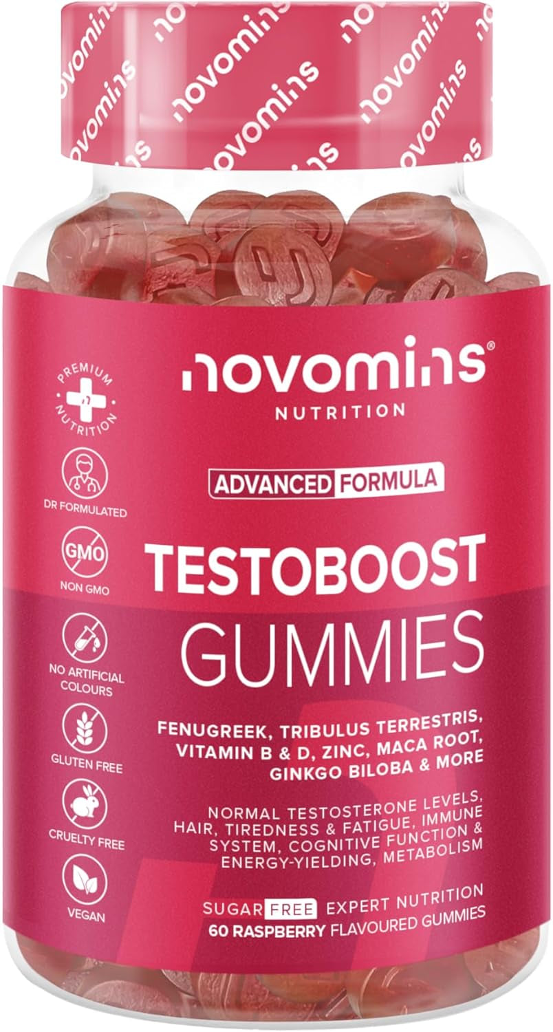 Novomins Testo Boost Gummies - Vegan Testosterone Supplement for Men - Vitamin D, Tribulus Terrestris Extract, Zinc, Maca Root - Testosterone Booster for Normal Testosterone Levels - 60 Gummies