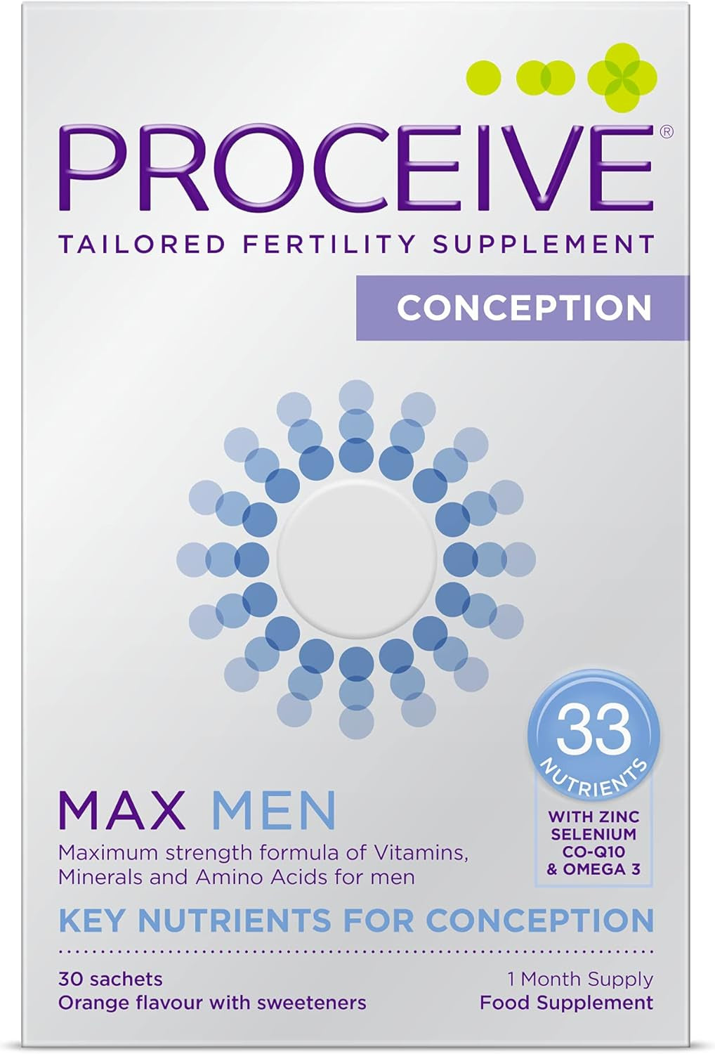 Proceive® MAX Men- Fertility Supplement for Conception - Vitamins & Minerals for Men Trying to Conceive - Selenium, Zinc, Co Q10, Vitamin D - 30 Sachets (1 Month Supply) - Vegan