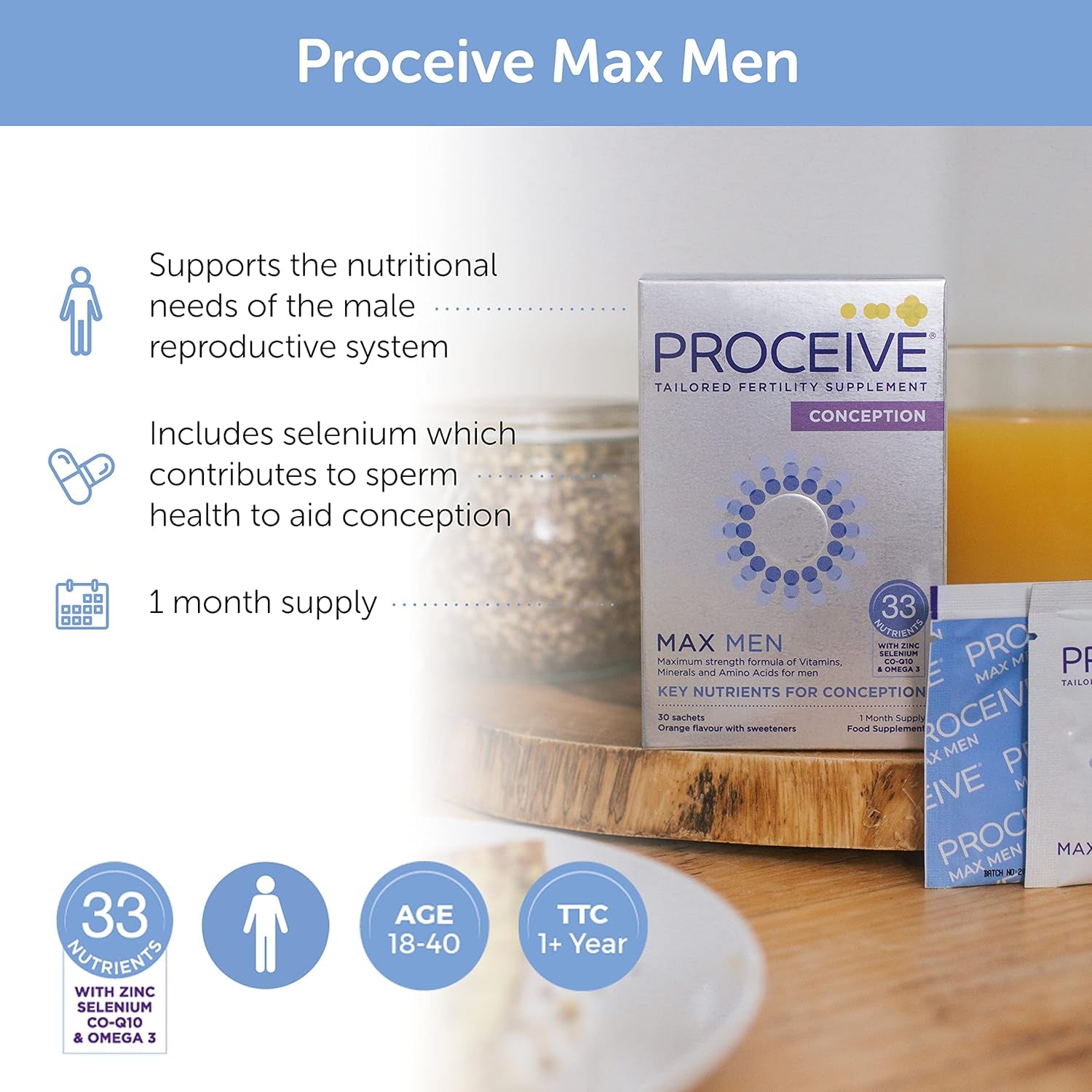 Proceive® MAX Men- Fertility Supplement for Conception - Vitamins & Minerals for Men Trying to Conceive - Selenium, Zinc, Co Q10, Vitamin D - 30 Sachets (1 Month Supply) - Vegan