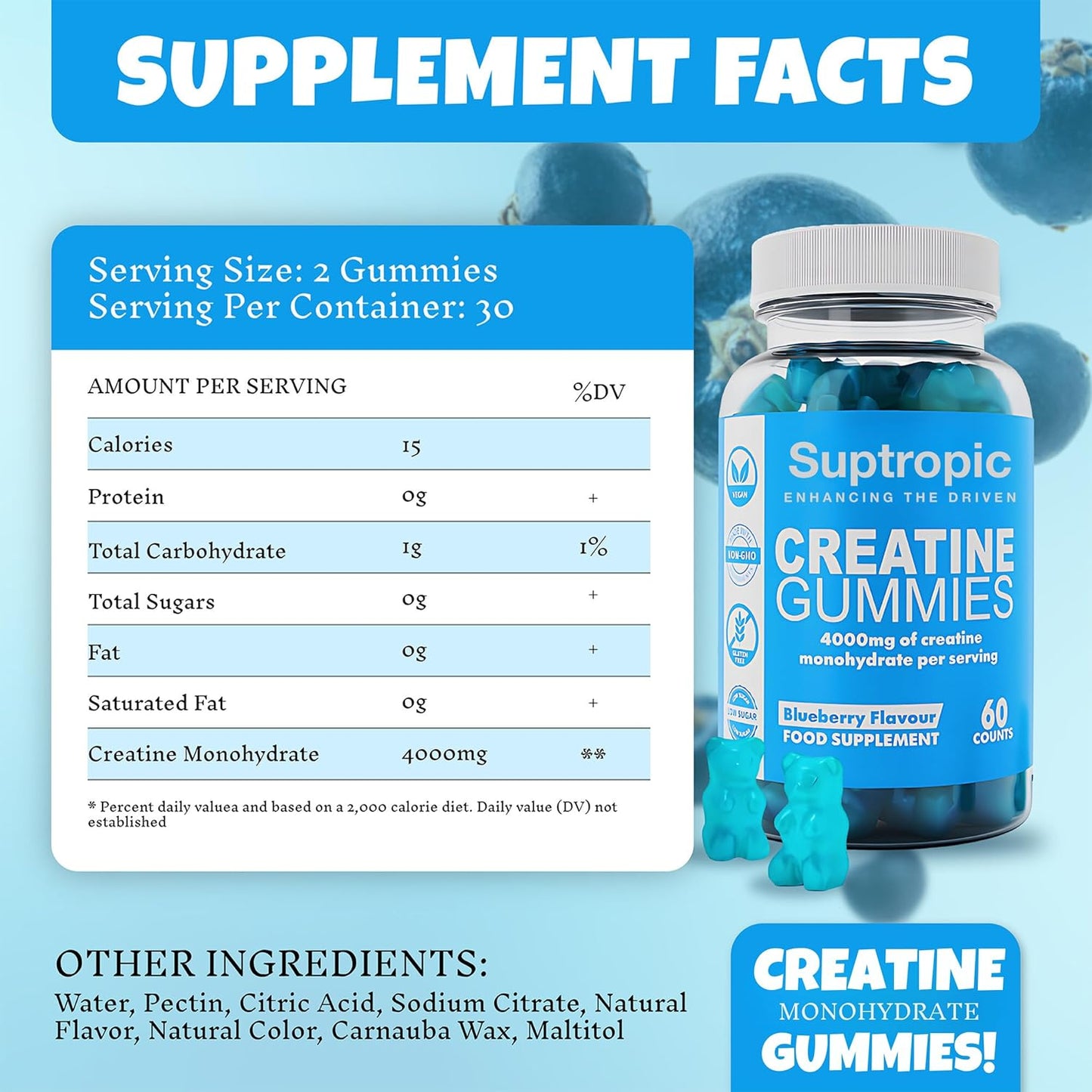 60 Creatine Monohydrate Gummies, 4000Mg, Men & Women - Chewable Creatine Gummies (30+ Days) - Natural Blueberry Flavoured Creatine, Pre Workout Gym Supplement, Suitable for Vegans, by Suptropic