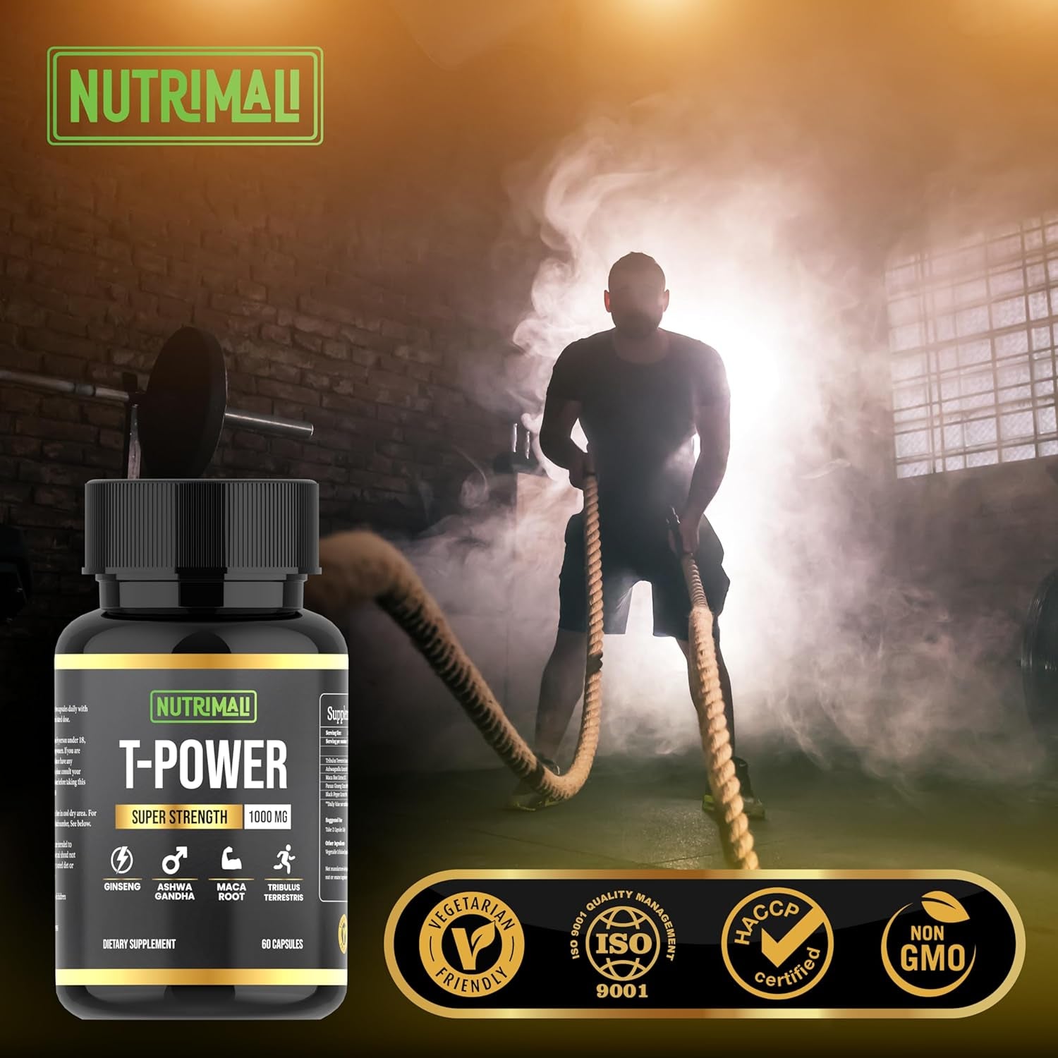 Nutrimali T-Power (Testo Supplement) | Ginseng, Maca, Tribulus Terrestris, Ashwagandha | 60 Capsules 1000Mg High Strength | Gym Supplements for Men, Energy, Stamina Booster