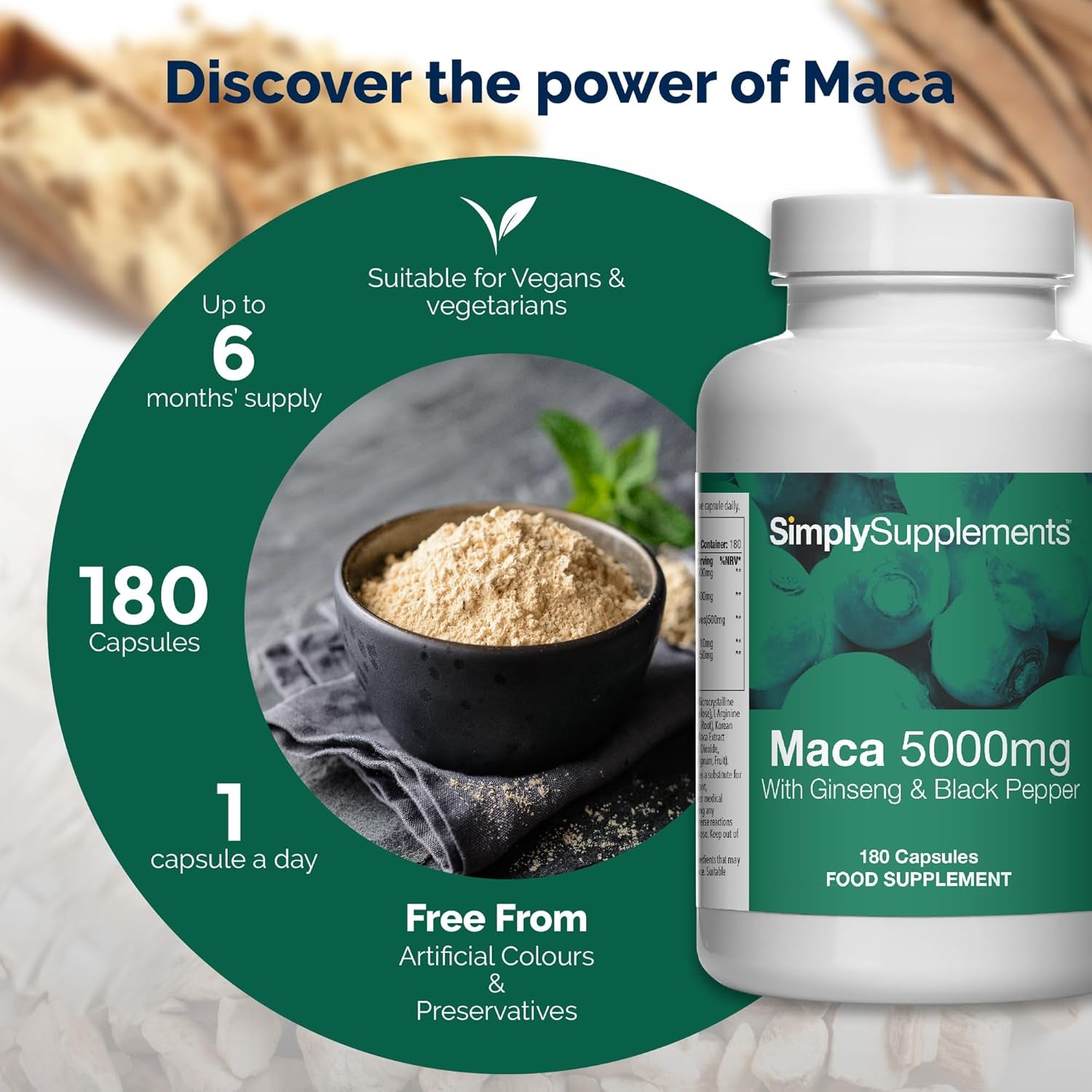 Maca Root 5000Mg | with Added Ginseng & Black Pepper | 180 Capsules | Made & Tested in the UK