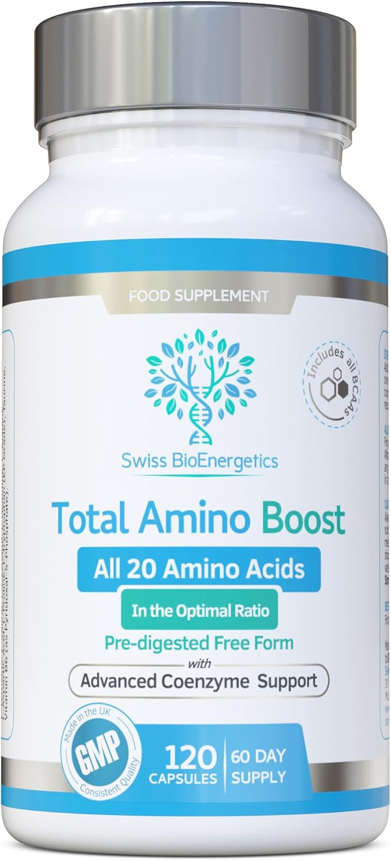 Total Amino Boost - Full Spectrum - All 20 Amino Acids Including All Bcaas -120 Vegan Capsules with Free Form Pre-Digested Amino Acids with Advanced Coenzyme Support. No Additives - UK Made