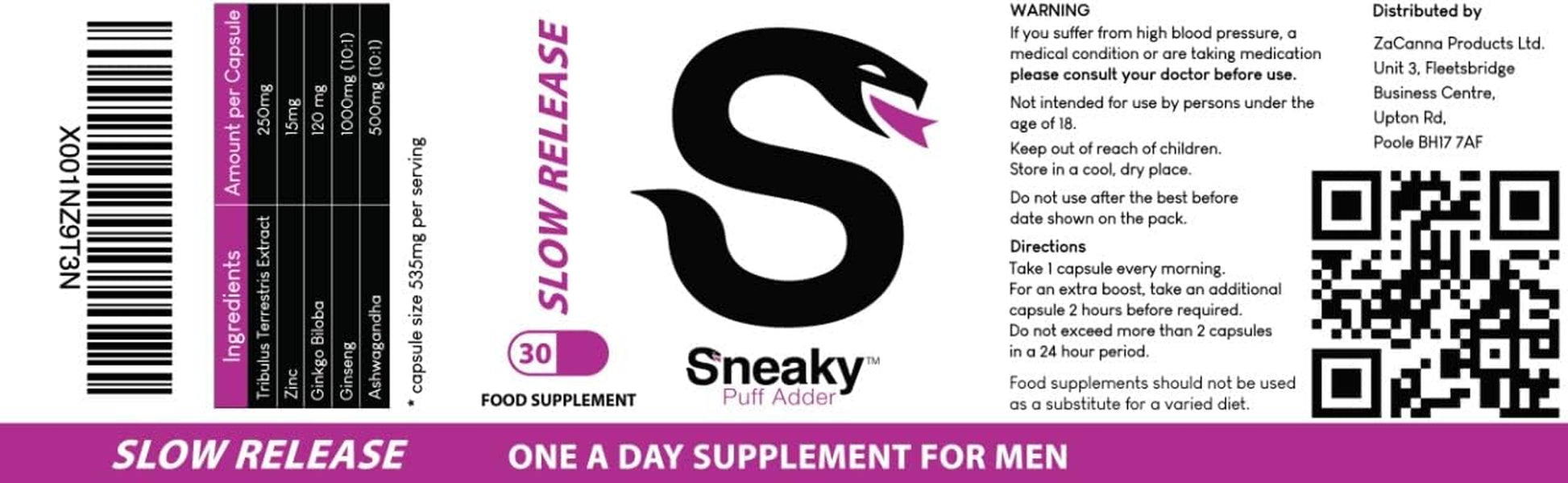 Sneaky Puff Adder | 30 Capsules | One a Day Slow-Release | Food Supplement Designed for Men | Men'S Health | Wellbeing and X Drive | Buy with Confidence |