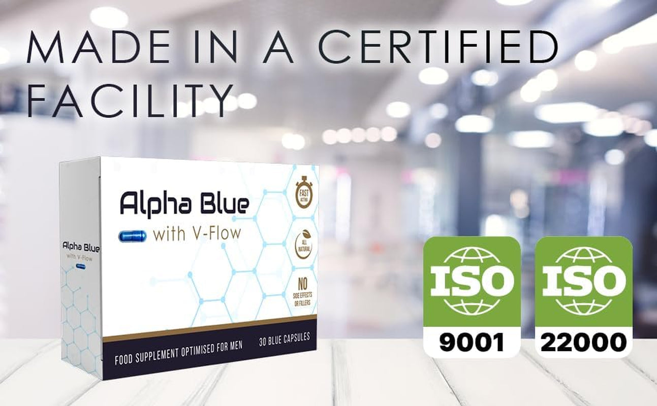 Alpha Blue with V Flow | Optimised for Men | 30 Capsules | Fast Acting | All Natural | No Side Effects or Fillers | Ginseng | Ashwagandha | Maca | Ginger | V Pill