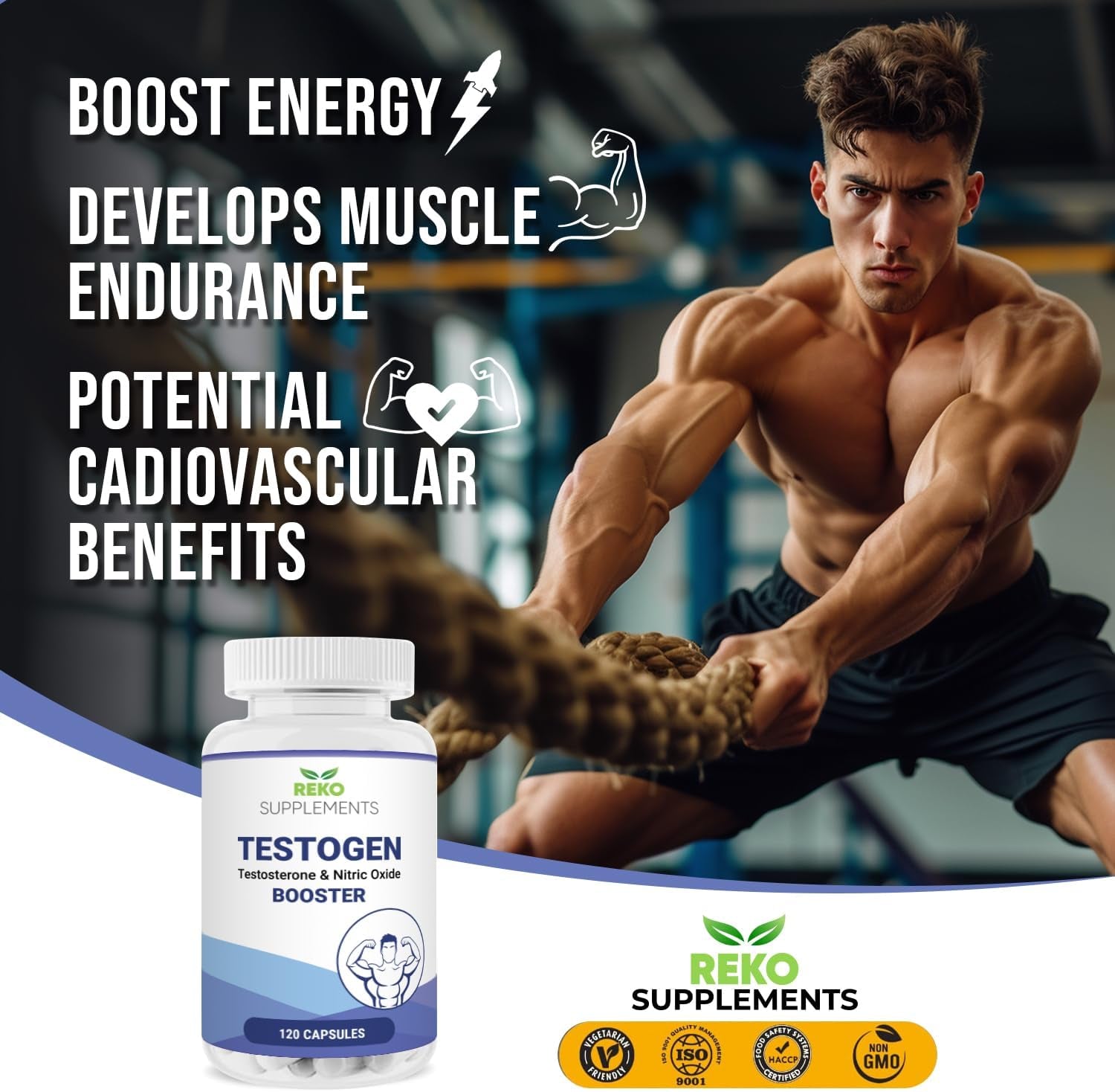 Reko Supplements Testogen, Maca Root, Ginseng, Tribulus Terrestris, L-Citrulline, L-Taurine, Ashwagandha,120 Capsules High Strength, Gym Supplements