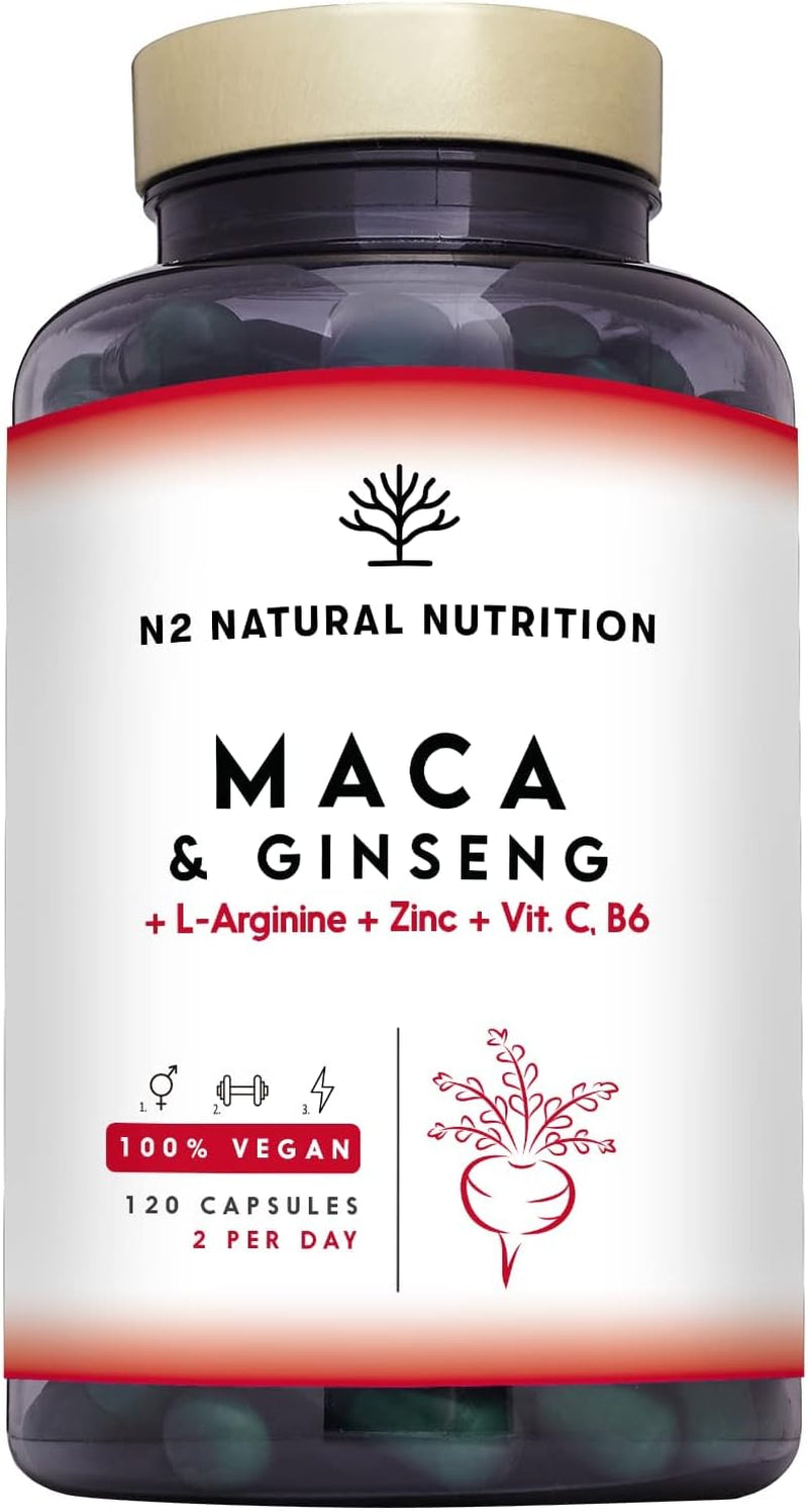 Maca Root + Ginseng + L Arginine. Triple Energy. Zinc + Vitamin C & B. Increases Sports Performance. Reduces Tiredness and Fatigue. Antioxidant. 120 Capsules. CE, Vegan. N2 Natural Nutrition