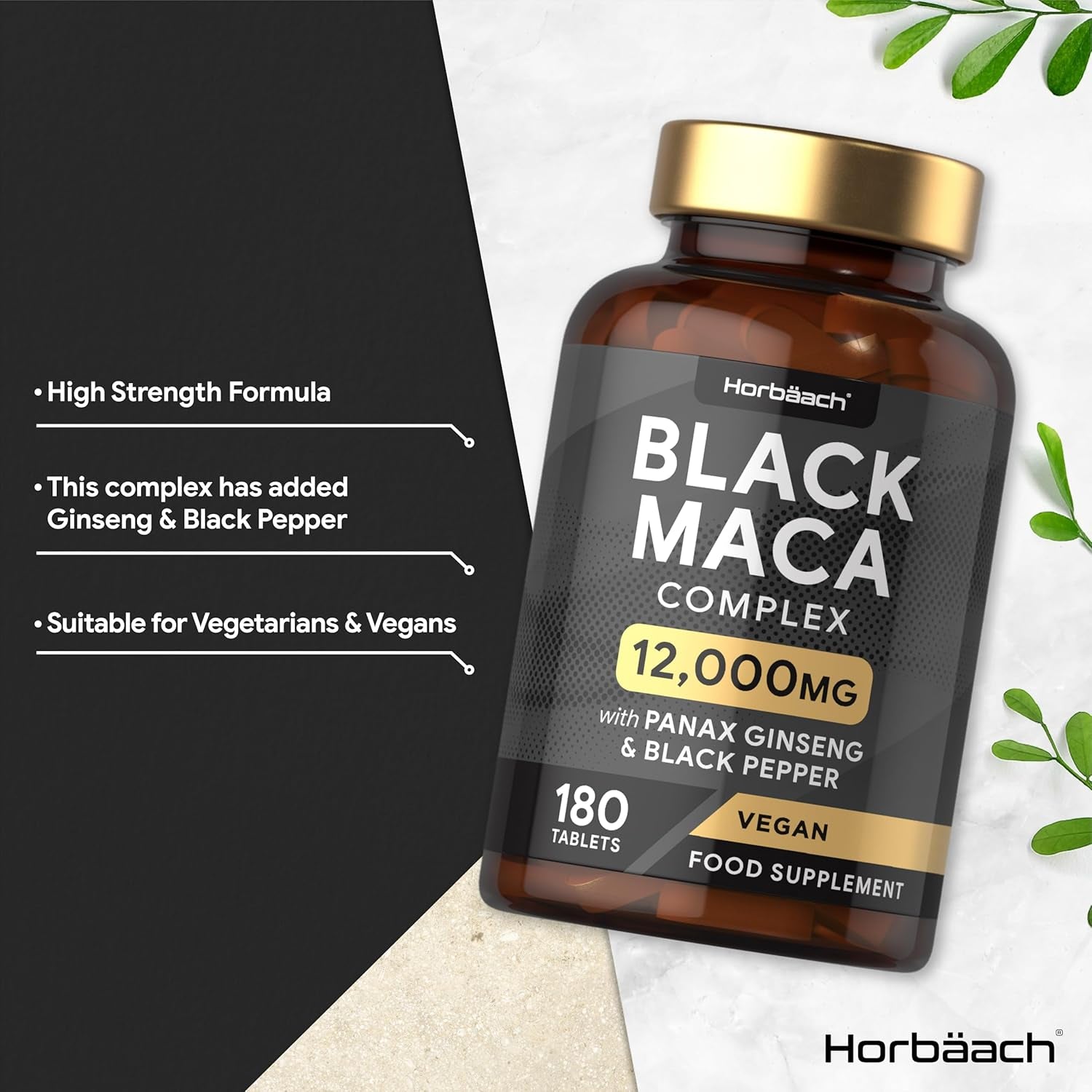 Maca Root Capsules 12,000Mg | Black Maca Complex with High Strength Black Maca, Panax Ginseng, Yellow Maca & Black Pepper | 180 Vegan Tablets | by