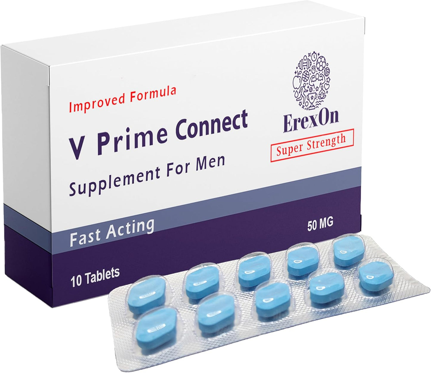 V Prime Connect 10 Tablets - 50MG Powerful and Fast Acting Blue Pills for Men - Male Performance & Enhancement Tablets - Naturally Extracted Blue Pill Supplement for Energy & Stamina Support