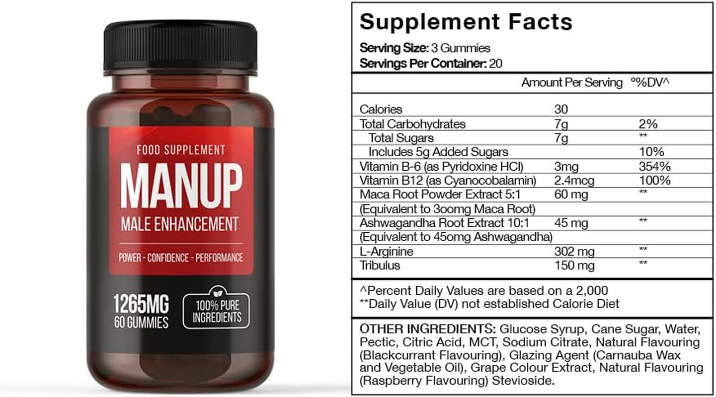 MANUP Male Gummies, 1265Mg per Serving, with Maca, Vitamin B6, B12, Ashwagandha, L-Arginine, Tribulus Terrestris, Pack of 60