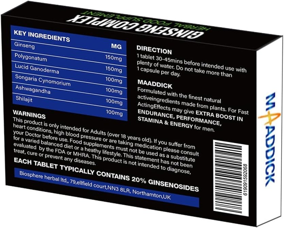 New! Super Extra-Strong MAADDICK® - Ginseng and Herbal Food Supplement for Men. the Most Effective Natural, Powerful and Fast Acting Food Supplement for Men! - (Pack of 10 Tablets)