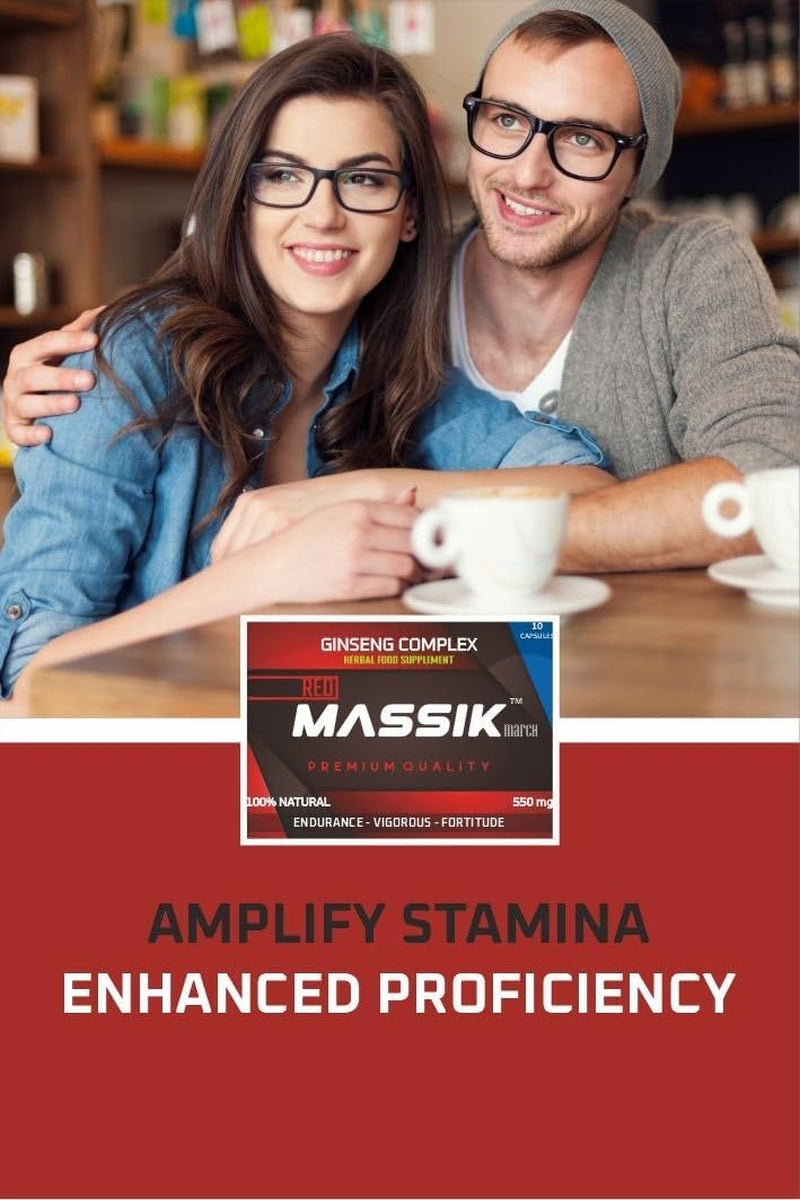 MASSIK MARCH™ - Herbal Supplement for Men, Extra Strength Performance Enhancing Pills, Stamina Endurance Booster, RED Supplement Pills for Men - 10 Ginseng Capsules