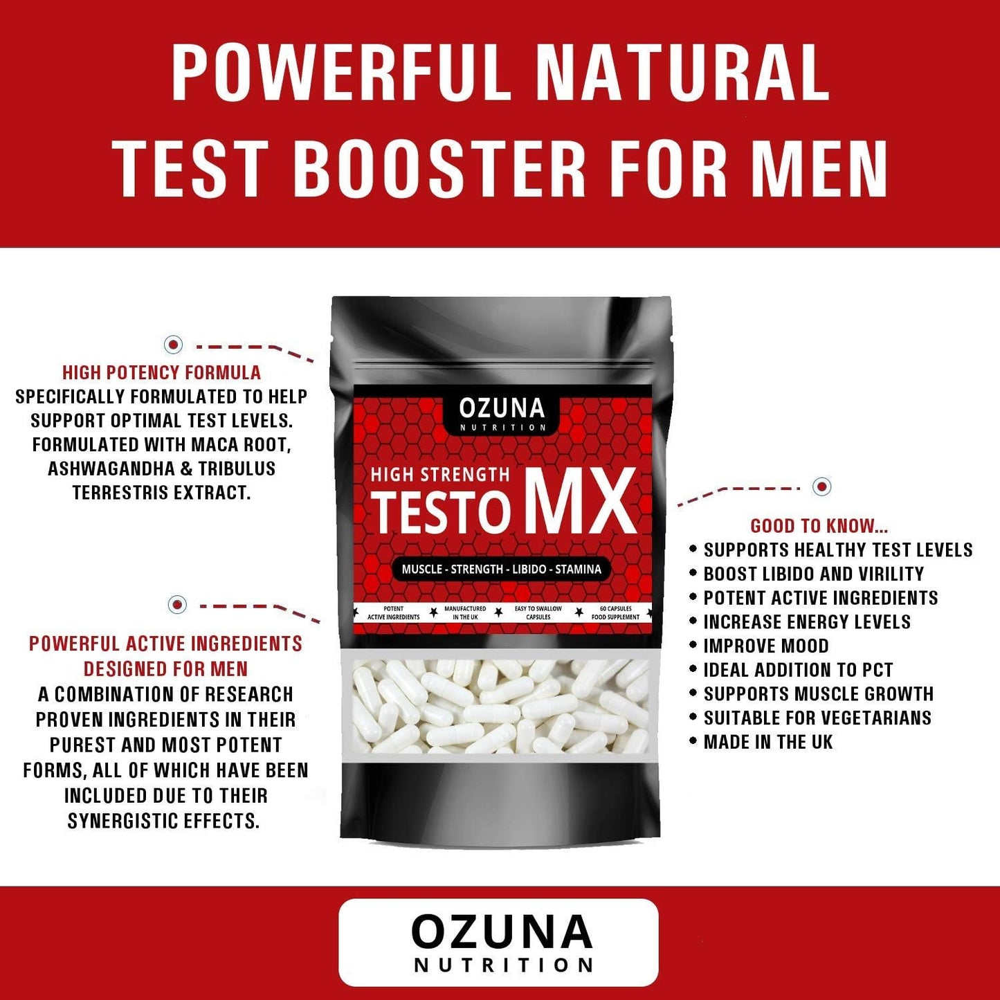 Test Booster for Men | Testosterone Support Supplement with Tribulus Terrestris, Maca Root & Ashwagandha | 60 Capsules