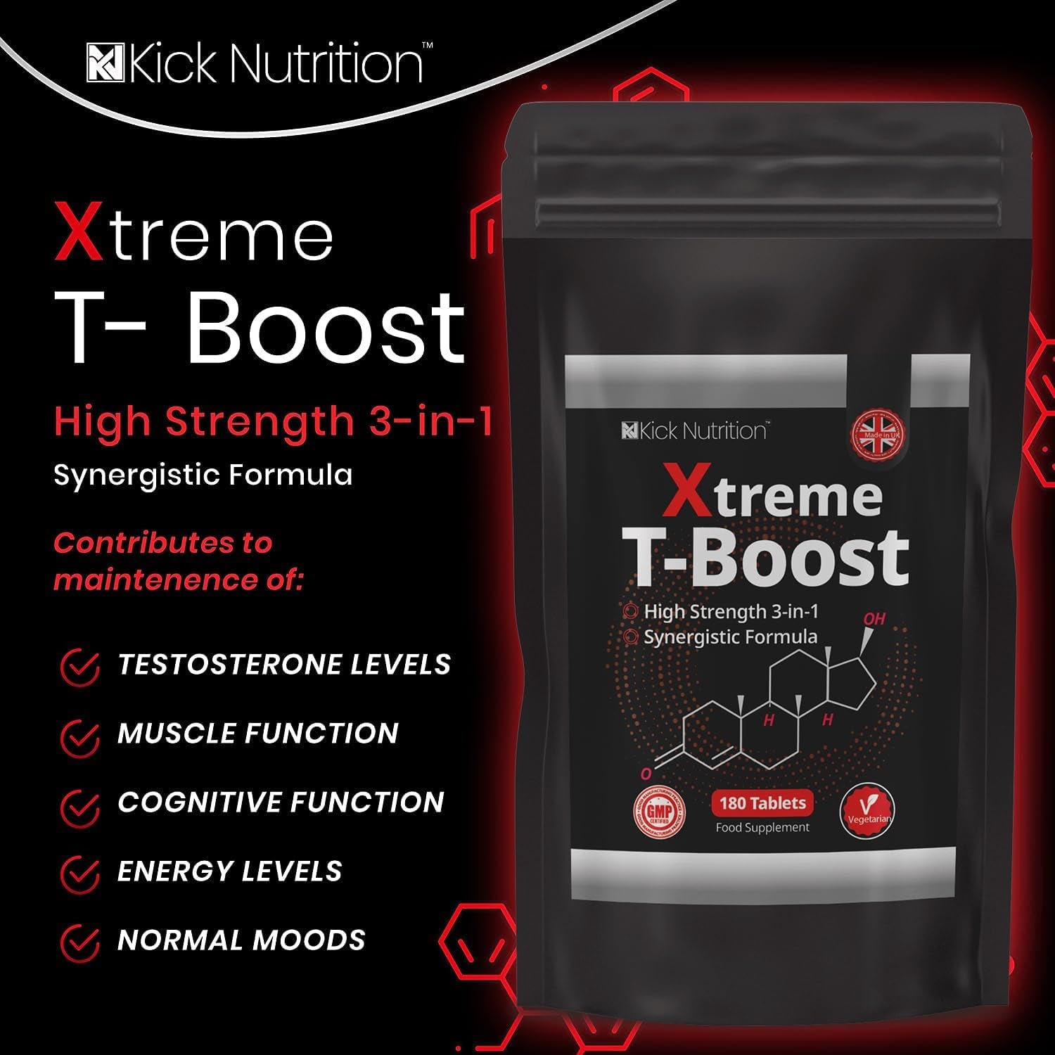 T-Boost for Men - Testosterone Supplements - 180 Vegetarian Tablets - Strength Energy & Performance - Made in the UK