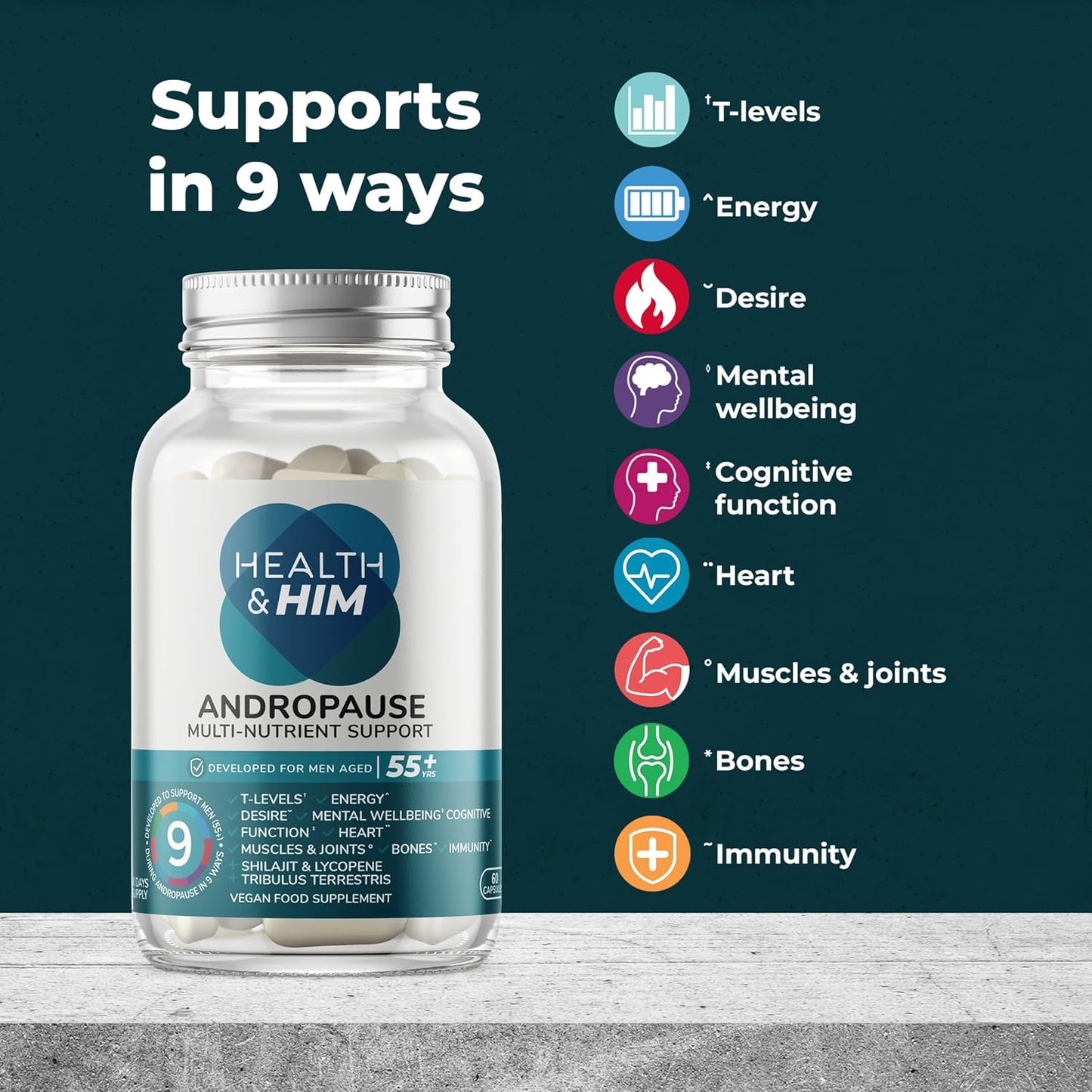 Health & Him Andropause 55+ Supplements for Men - 60 Capsules - Men'S Multivitamin with Shilajit & Tribulus Terrestris - Vegan, Gluten-Free, Vitamins for Men