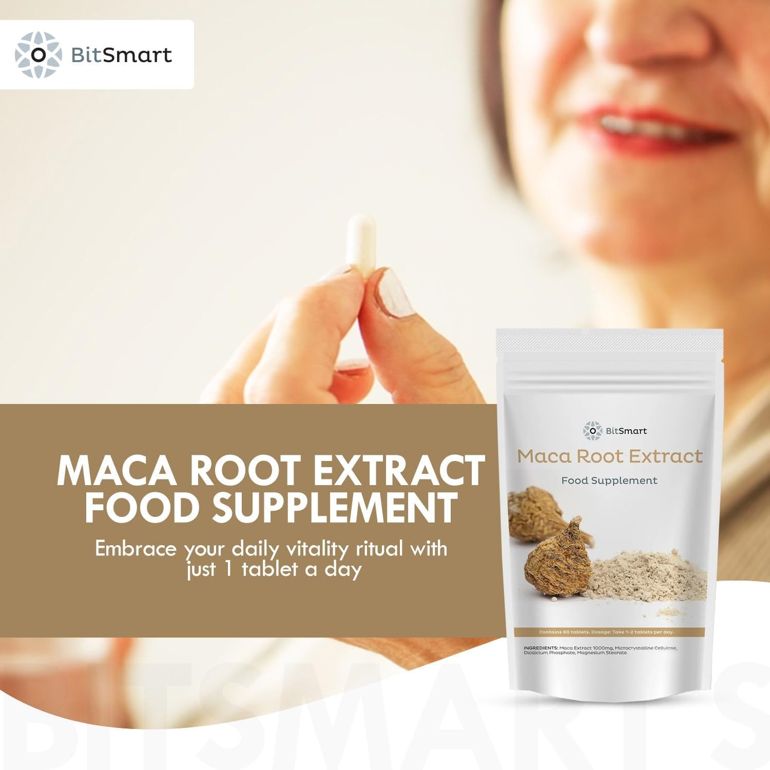 BITSMART Maca Root Extract Superfood Tablets -1000Mg 60 Count - Maca Root for Men and Women - Antioxidant, Energy Booster, Hormone Balance Support and Vegan Friendly