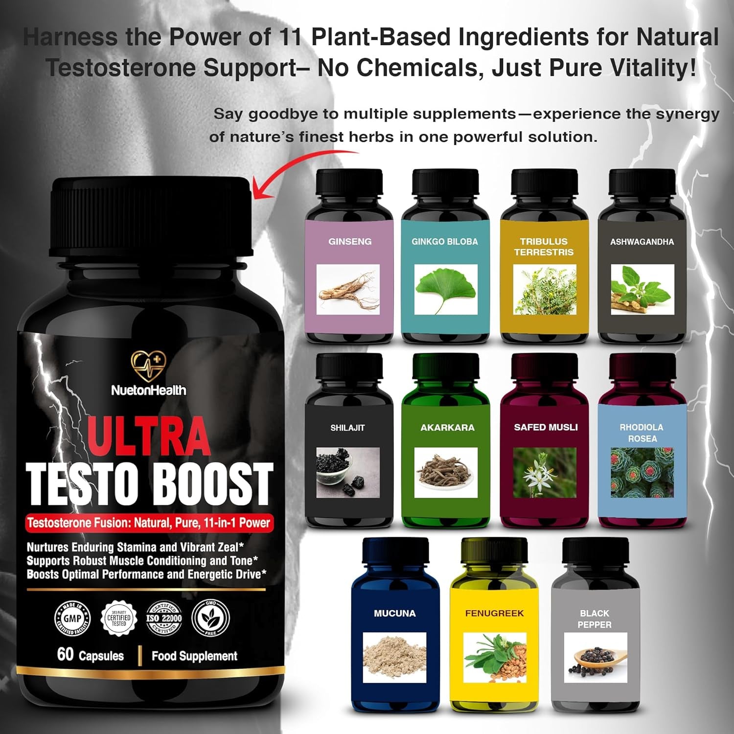 Ultra Testo Boost - Tribulus, Ashwagandha, Ginseng, Shilajit, Ginkgo, Rhodiola Rosea - Premium Testosterone Supplements for Men - 11 Potent Natural Ingredients - 60 Booster Capsules