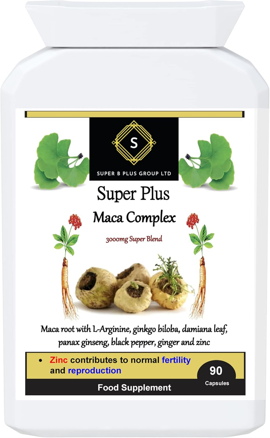 Super plus Maca Complex with Ginkgo Biloba Panax Ginseng Ginger Root Sexual Health Fertility Reproduction Women & Men Health Vegetarian Vegan Gluten Free Dairy Free Supplement 90 Capsules