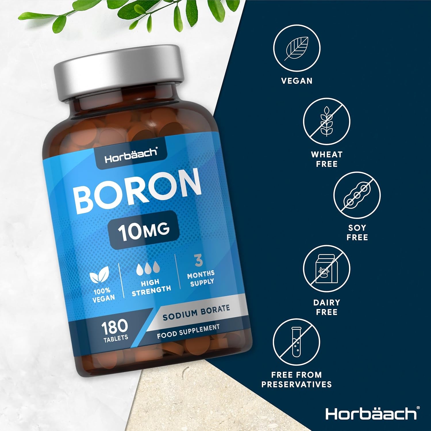 Boron 10Mg | High Strength Boron Supplement | 180 Vegan Tablets | Sodium Borate | for Men & Women | by Horbaach