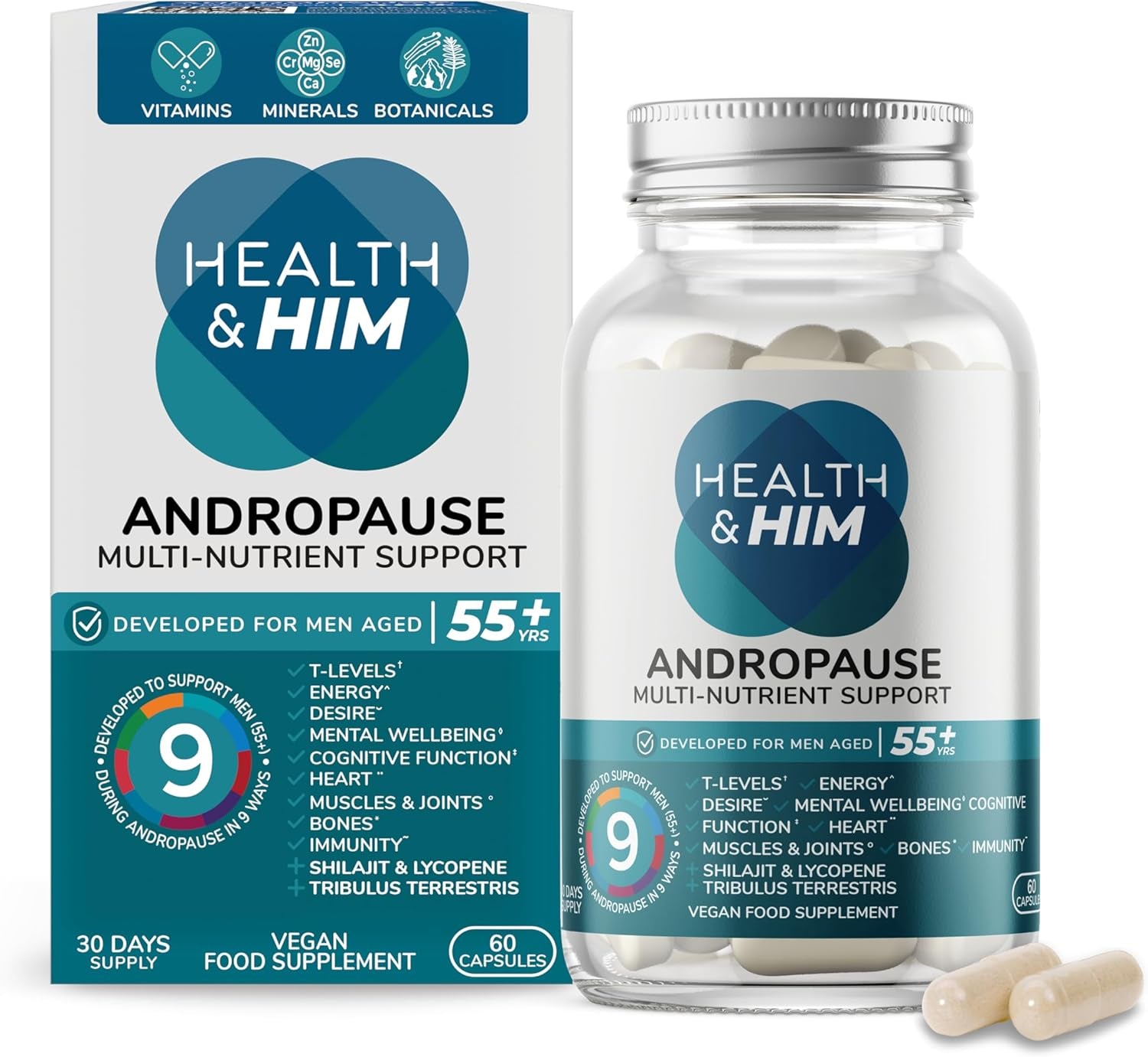 Health & Him Andropause 55+ Supplements for Men - 60 Capsules - Men'S Multivitamin with Shilajit & Tribulus Terrestris - Vegan, Gluten-Free, Vitamins for Men