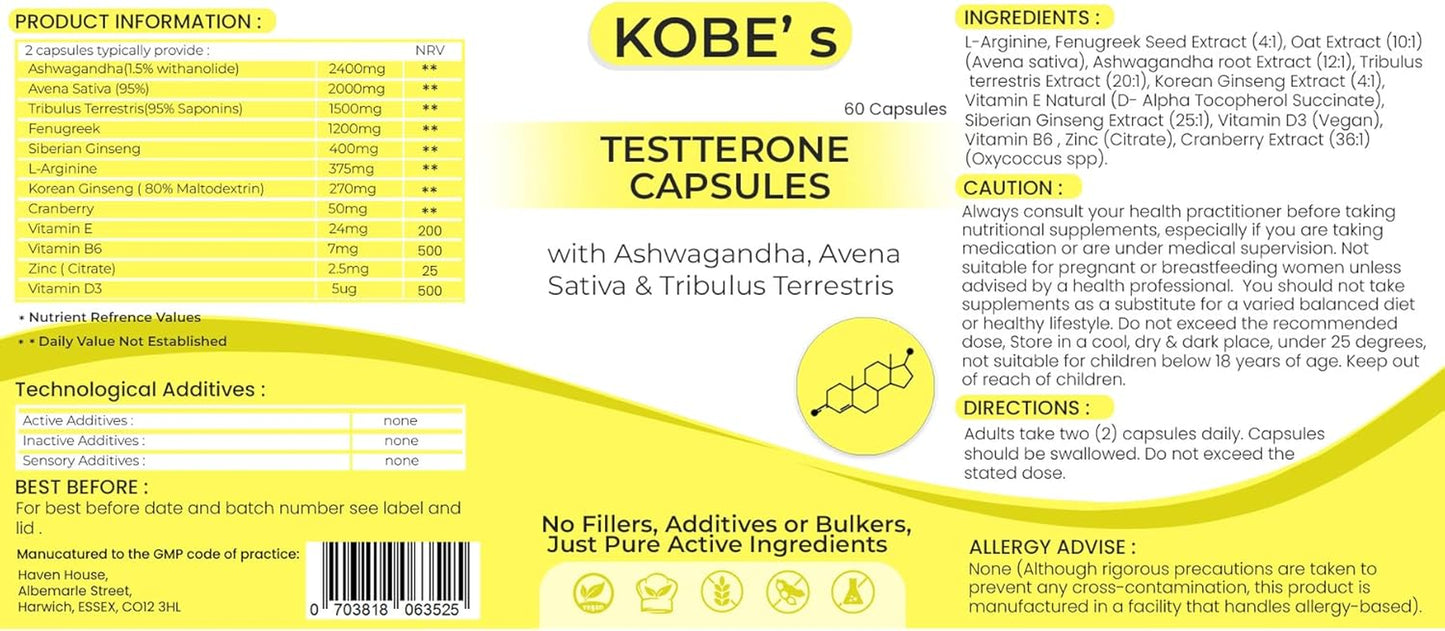 Testosterone Supplements for Men | No Fillers, Additives or Bulkers, Pure Active Ingredients | Testosterone Booster Capsules with Avena Sativa and Tribulus Terrestris | 60 Cap | Made in UK