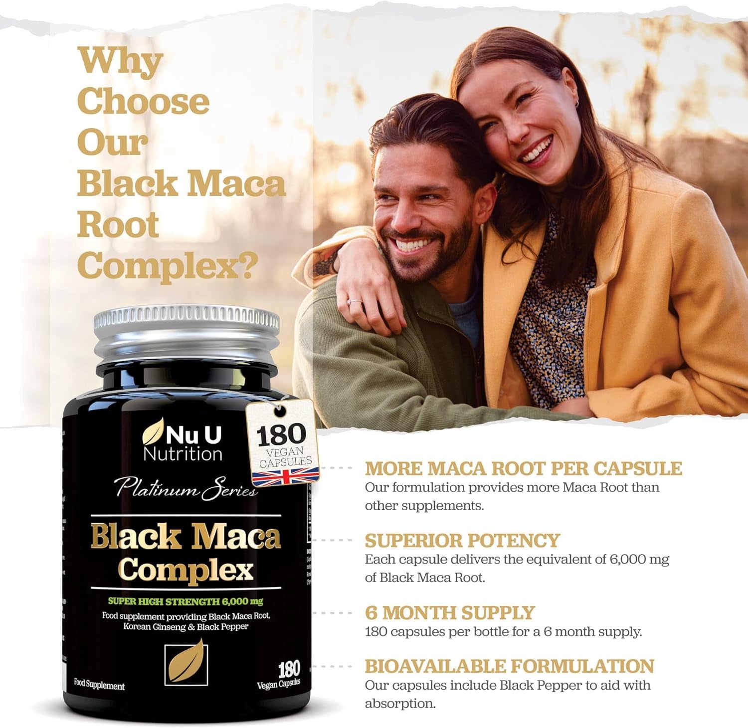 Maca Root 6000Mg - High Strength Complex with Black Peruvian Maca, Korean Panax Ginseng & Black Pepper - 180 Vegan Capsules - 6 Month Supply - Capsules Not Tablets