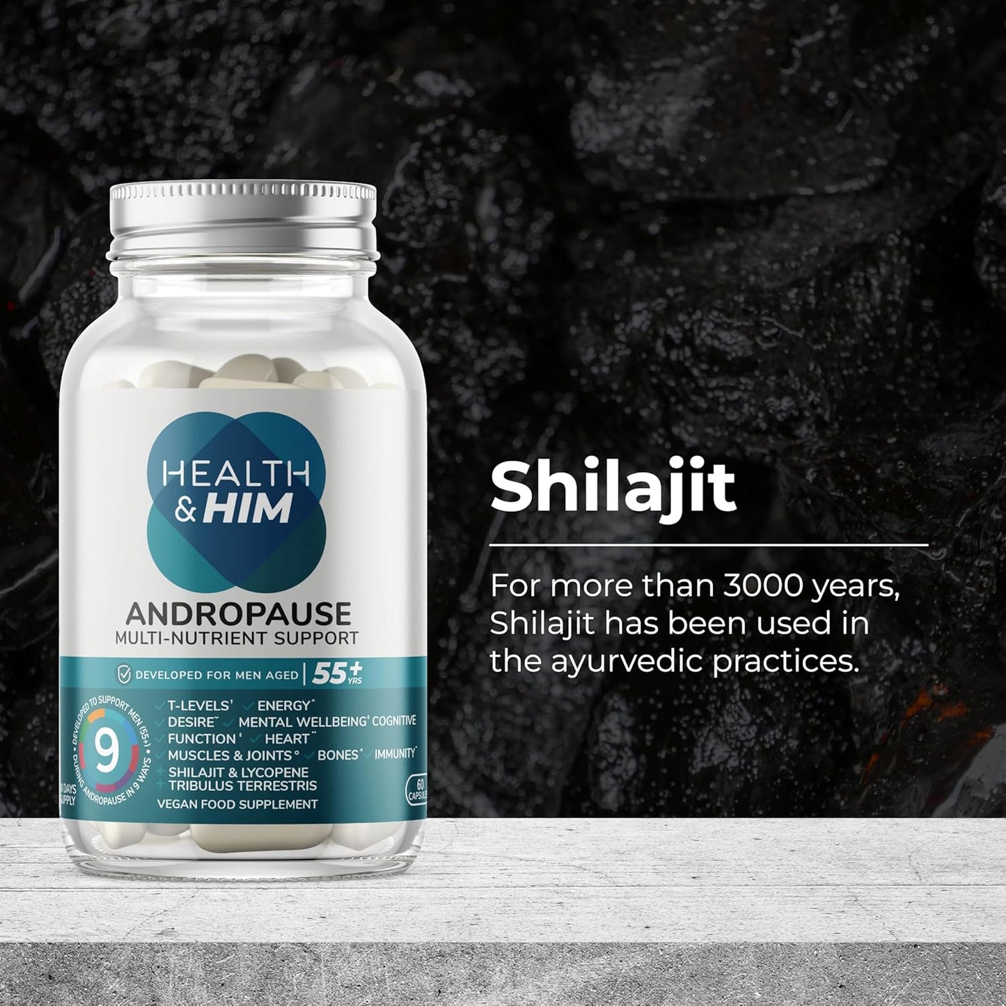 Health & Him Andropause 55+ Supplements for Men - 60 Capsules - Men'S Multivitamin with Shilajit & Tribulus Terrestris - Vegan, Gluten-Free, Vitamins for Men