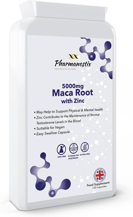 Maca Root Capsules - 120 X 5000Mg - Supplement for Men and Women - Powder Extract with Added Zinc - Energy, Mood, Performance & Testosterone Booster - High Strength, Vegan & Vegetarian