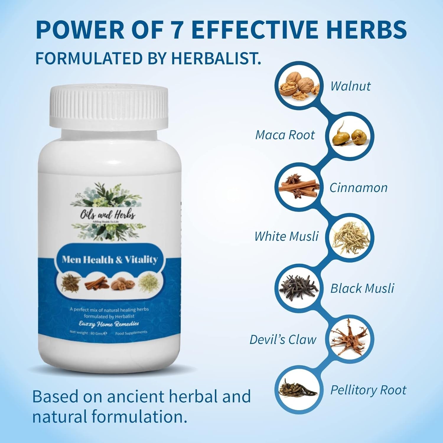 Men Health & Vitality Herbs Powder- Mixture of 7 Powerful Herbs for Boosting Testosterone and Stamina Level in Men - 100% Natural (80G)