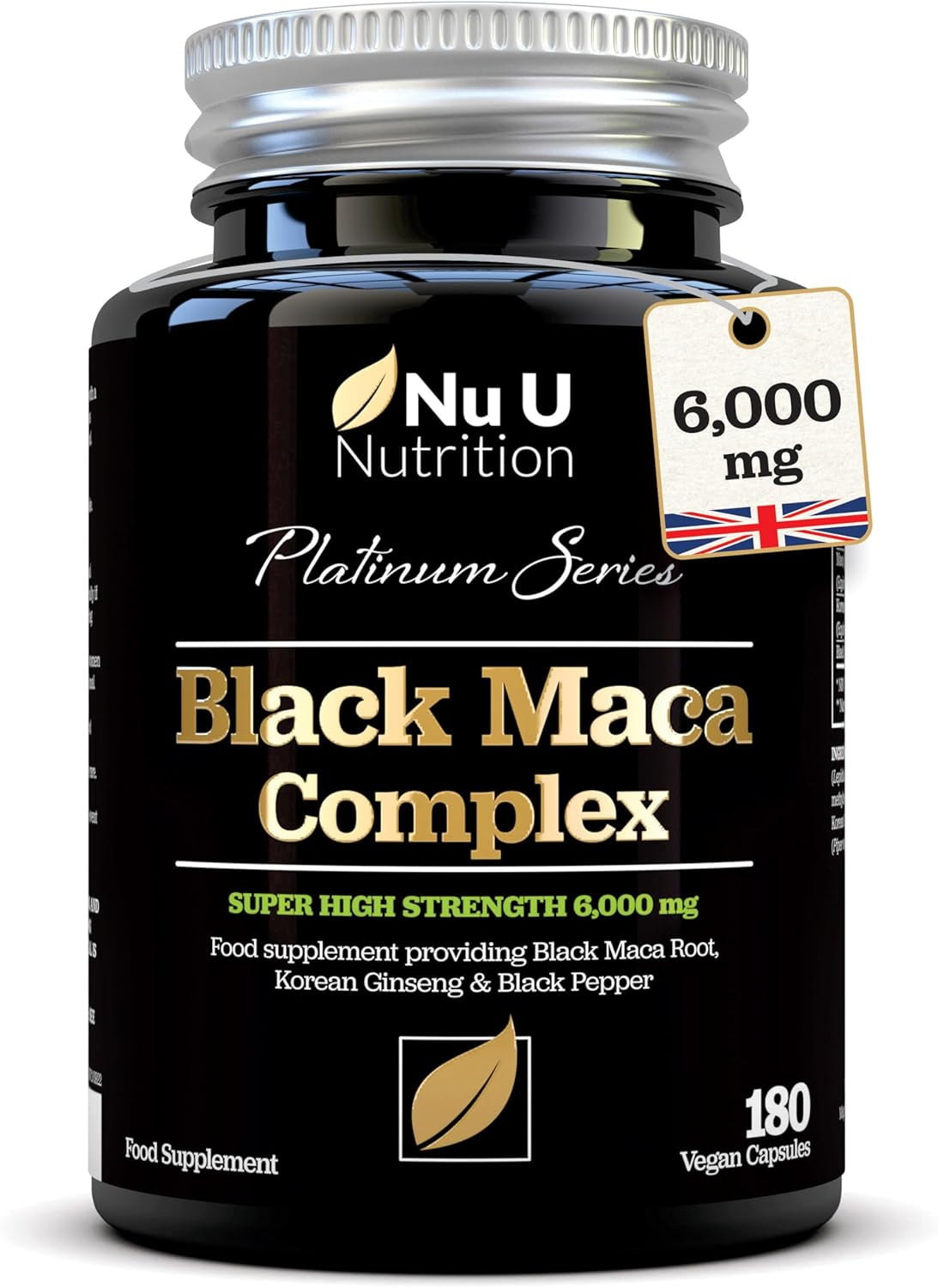 Maca Root 6000Mg - High Strength Complex with Black Peruvian Maca, Korean Panax Ginseng & Black Pepper - 180 Vegan Capsules - 6 Month Supply - Capsules Not Tablets