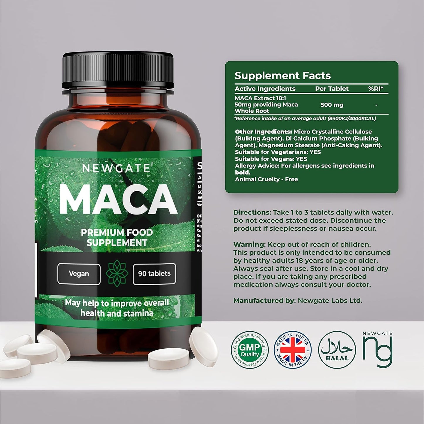 Newgate Labs Maca 90 High Strength Vegan Tablets 50Mg Providing Organic Maca Root 500Mg - for Skin Health - Premium Nutritional Supplement - Made in the UK – Halal, GMO Free