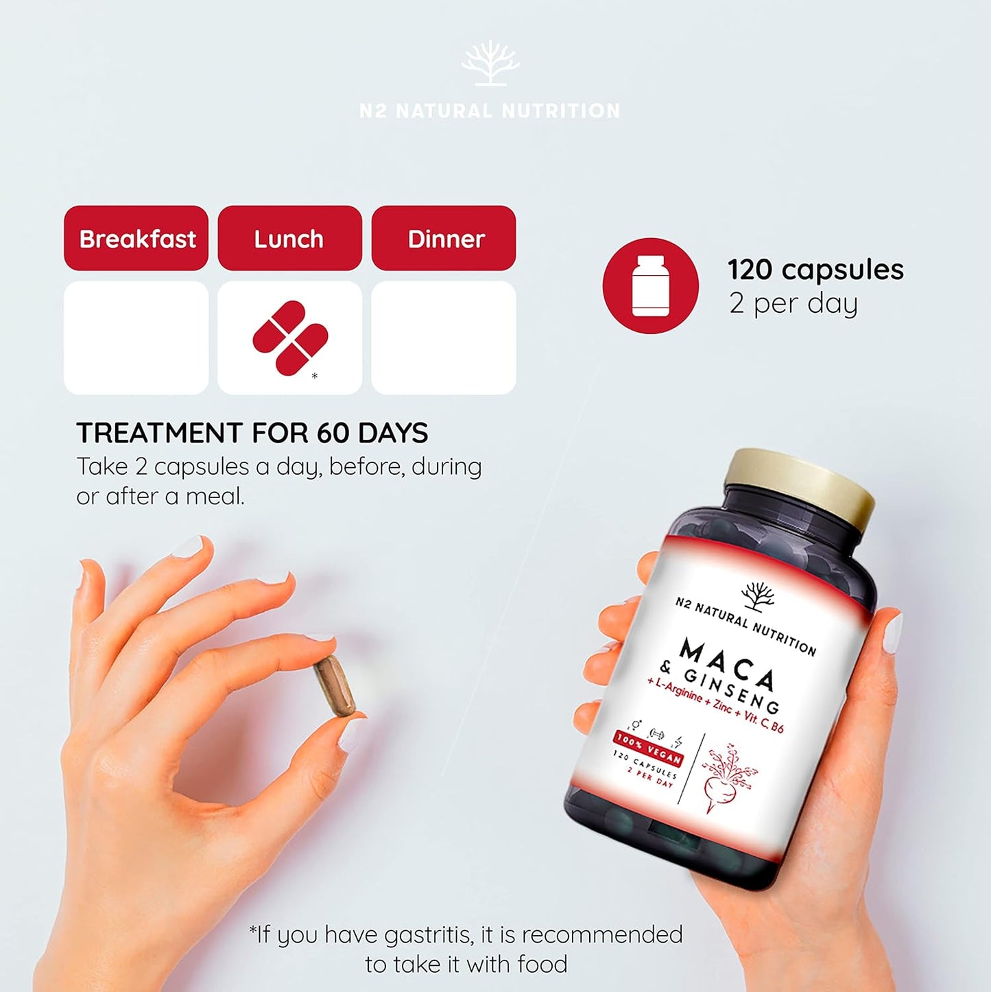 Maca Root + Ginseng + L Arginine. Triple Energy. Zinc + Vitamin C & B. Increases Sports Performance. Reduces Tiredness and Fatigue. Antioxidant. 120 Capsules. CE, Vegan. N2 Natural Nutrition