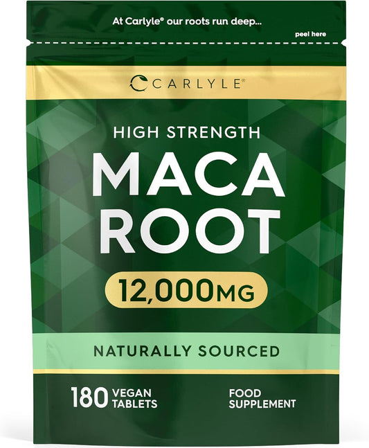 Maca Root Tablets 12,000Mg | Naturally Sourced & High Strength Maca Root Extract | 180 Vegan Tablets | Supplement for Men & Women | by Carlyle