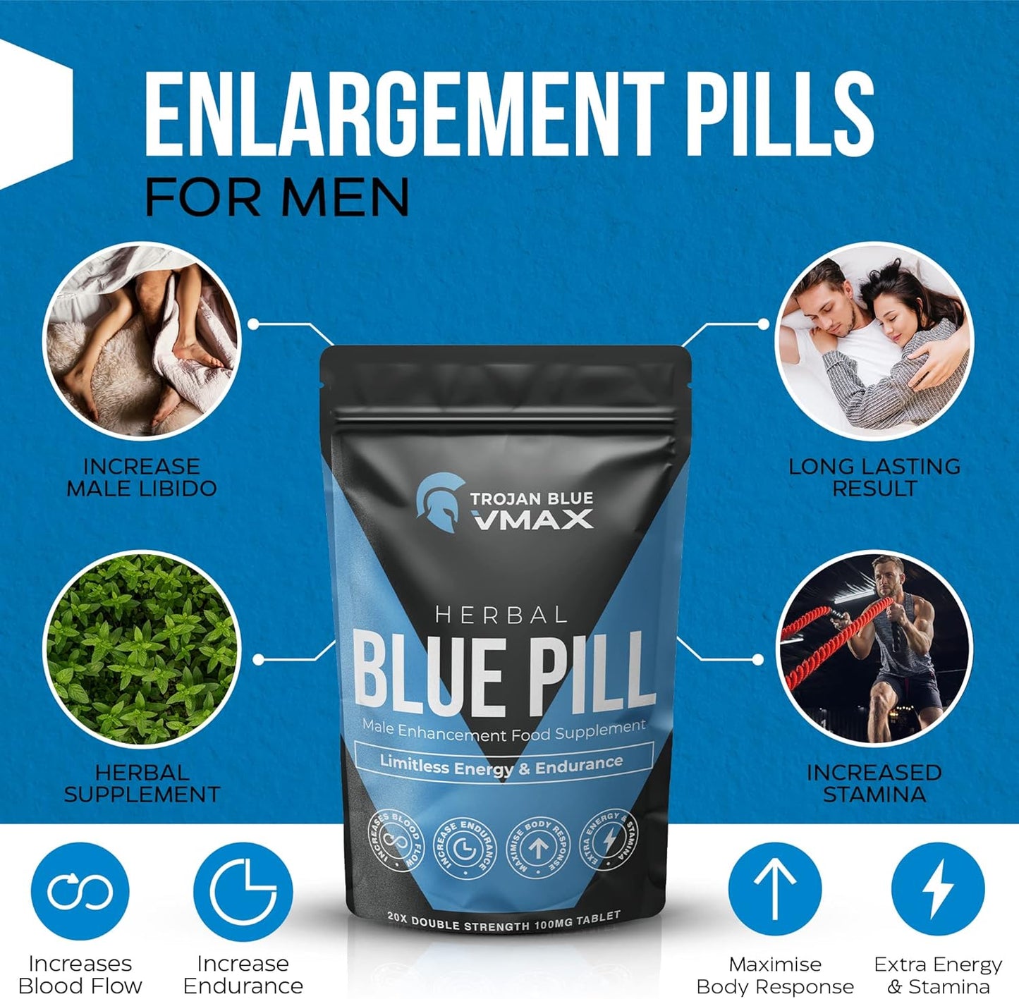 20X Trojan Blue Vmax | Herbal Supplement Blue Pills for Men | High Strength Performance Powerful Fast Acting Long Lasting Results | Enhancing Male Stamina & Endurance Booster Tablets