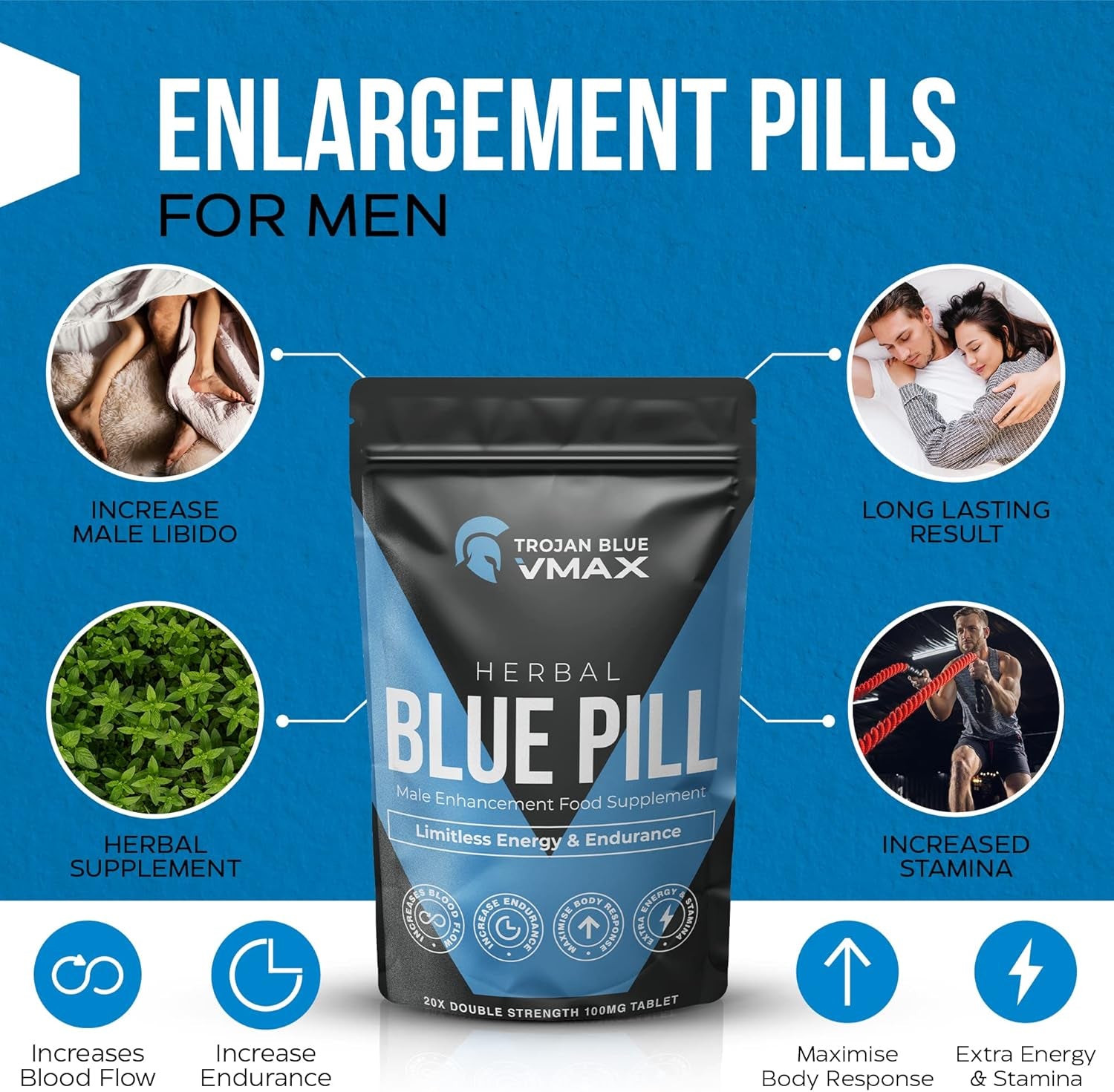 20X Trojan Blue Vmax | Herbal Supplement Blue Pills for Men | High Strength Performance Powerful Fast Acting Long Lasting Results | Enhancing Male Stamina & Endurance Booster Tablets