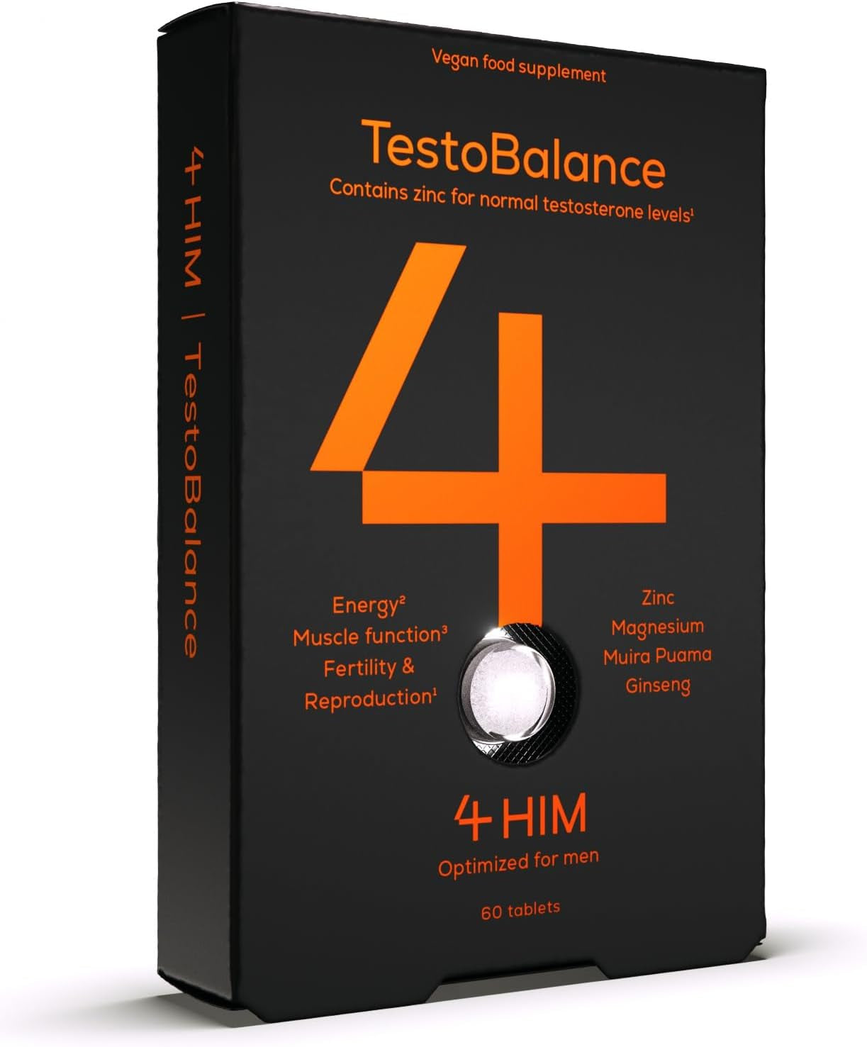 4 HIM Testobalance - Testosterone Supplements for Men - 60 Vegan Tablets - with Zinc, Ginseng, Magnesium, Vitamin D, Fenugreek and Muira Puama - Muscle Function, Energy and Fertility